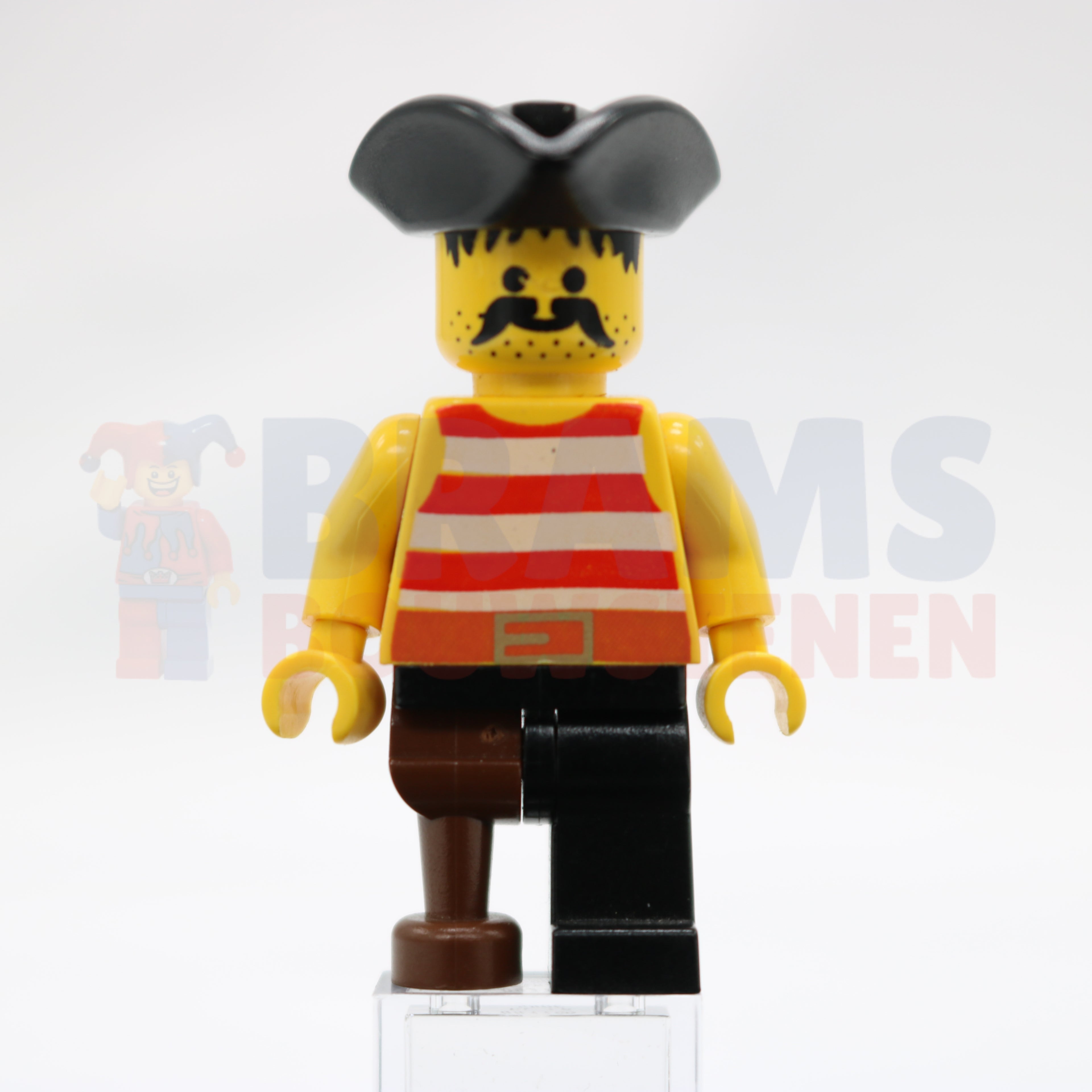 Minifig pi038 - Pirate Red / White Stripes Shirt, Black Leg with Peg Leg, Black Pirate Triangle Hat