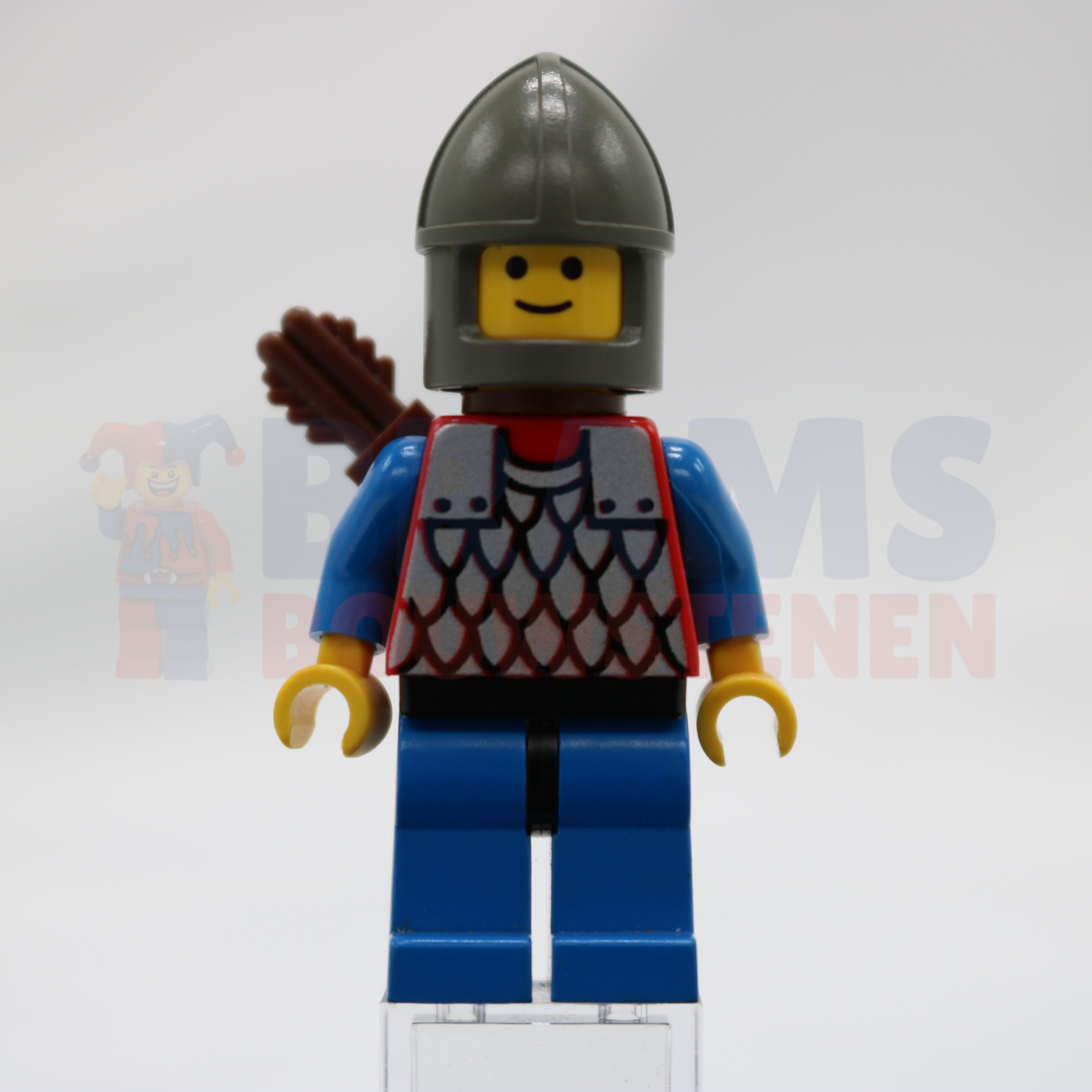 Minifig cas151a - Scale Mail - Red with Blue Arms, Blue Legs with Black Hips, Dark Gray Chin-Guard, Quiver