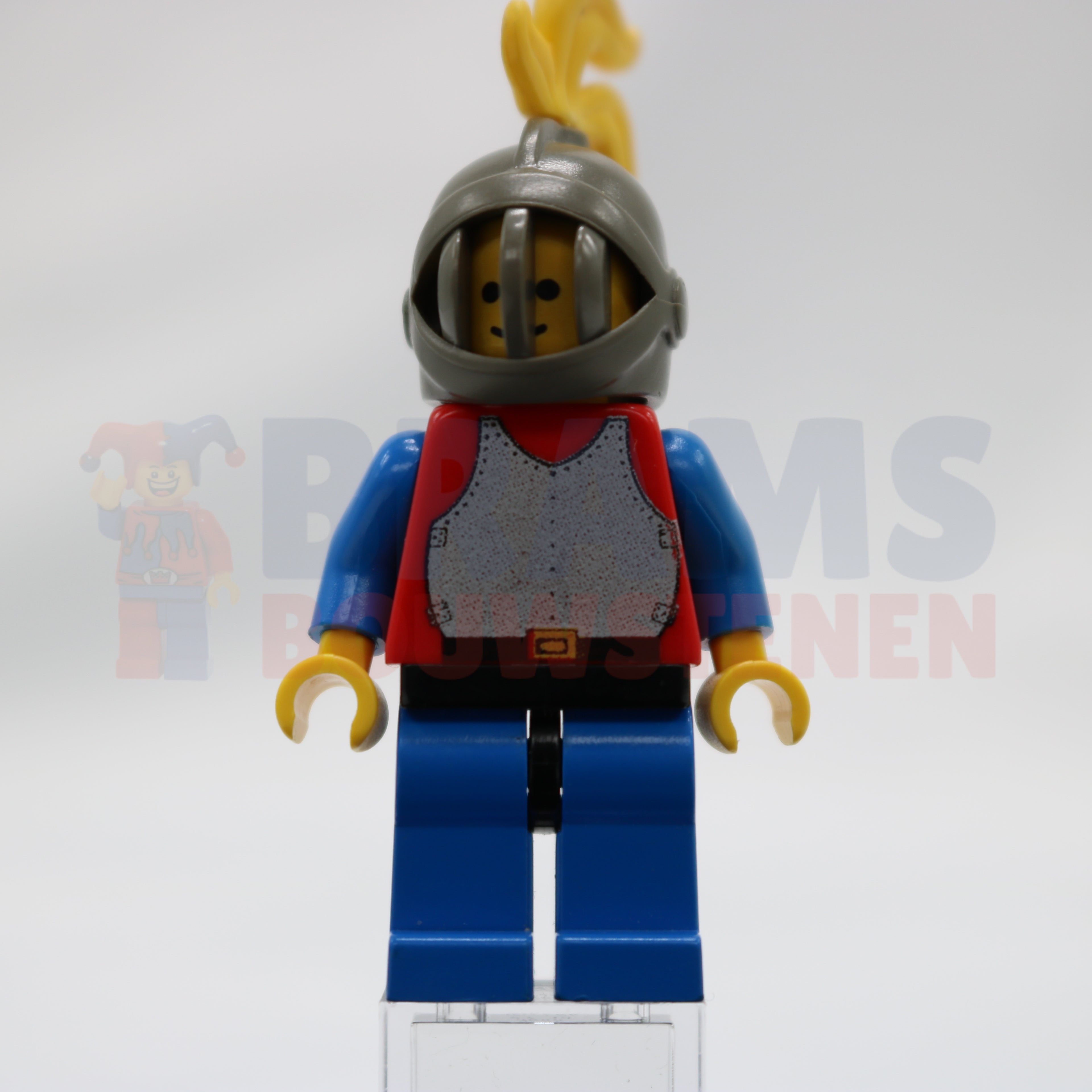 Minifig cas191 - Breastplate - Red with Blue Arms, Blue Legs with Black Hips, Dark Gray Grille Helmet, Yellow Plume