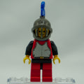 Minifig cas192 - Breastplate - Red with Black Arms, Red Legs with Black Hips, Dark Gray Grille Helmet, Blue Plume, Blue Plastic Cape