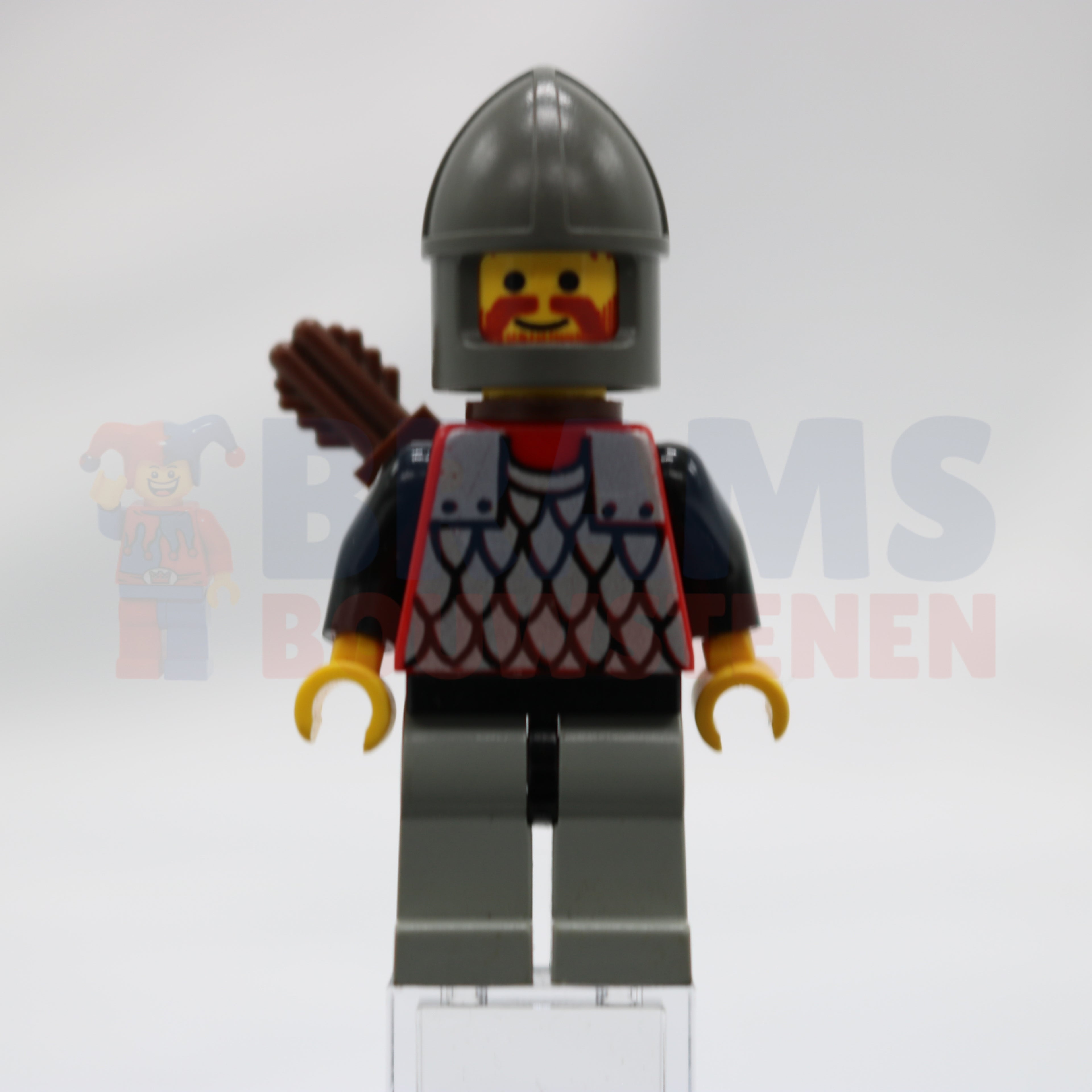 Minifig cas235 - Scale Mail - Red with Black Arms, Light Gray Legs with Black Hips, Dark Gray Chin-Guard, Quiver