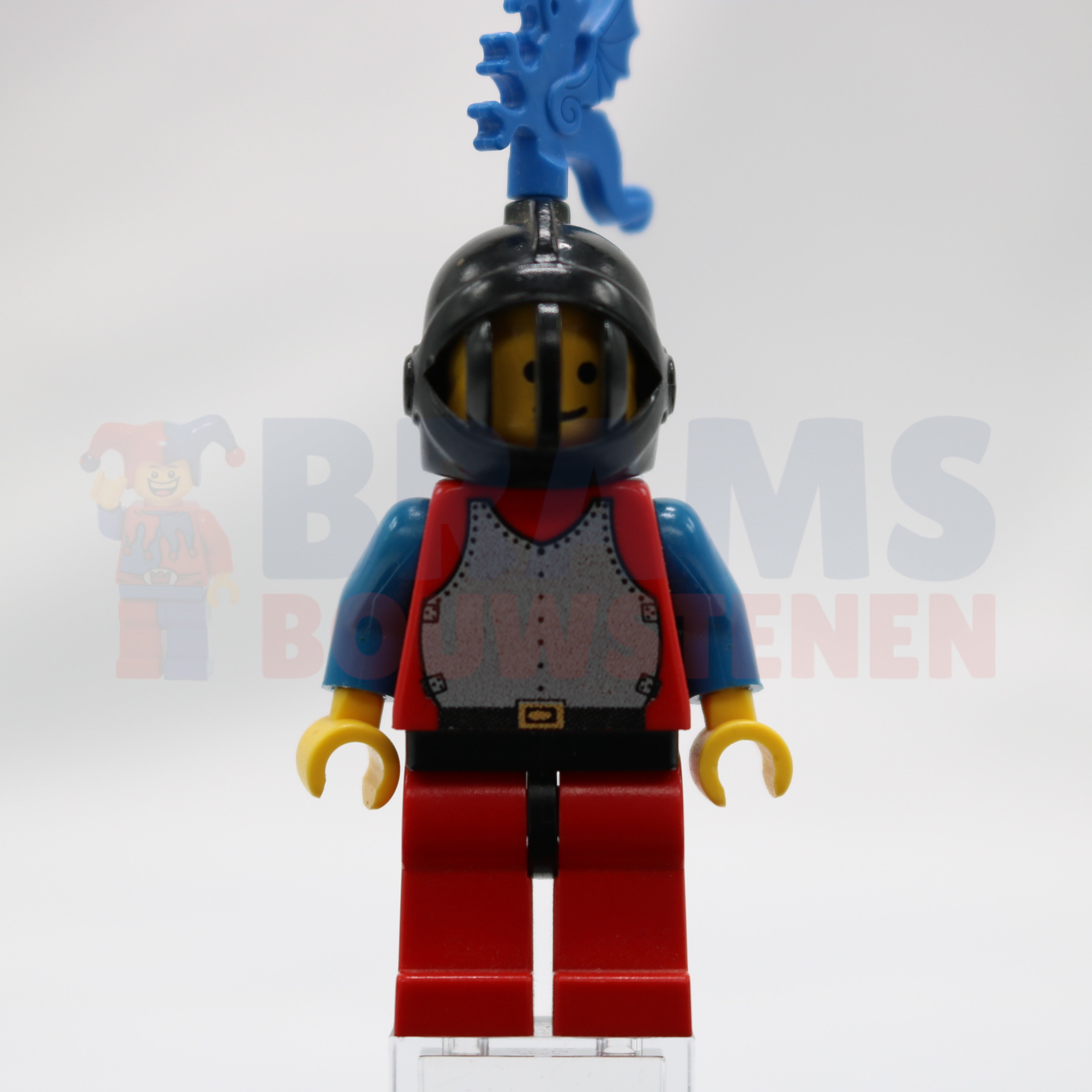 Minifig cas280a - Breastplate - Red with Blue Arms, Red Legs with Black Hips, Black Grille Helmet, Blue Dragon Plume