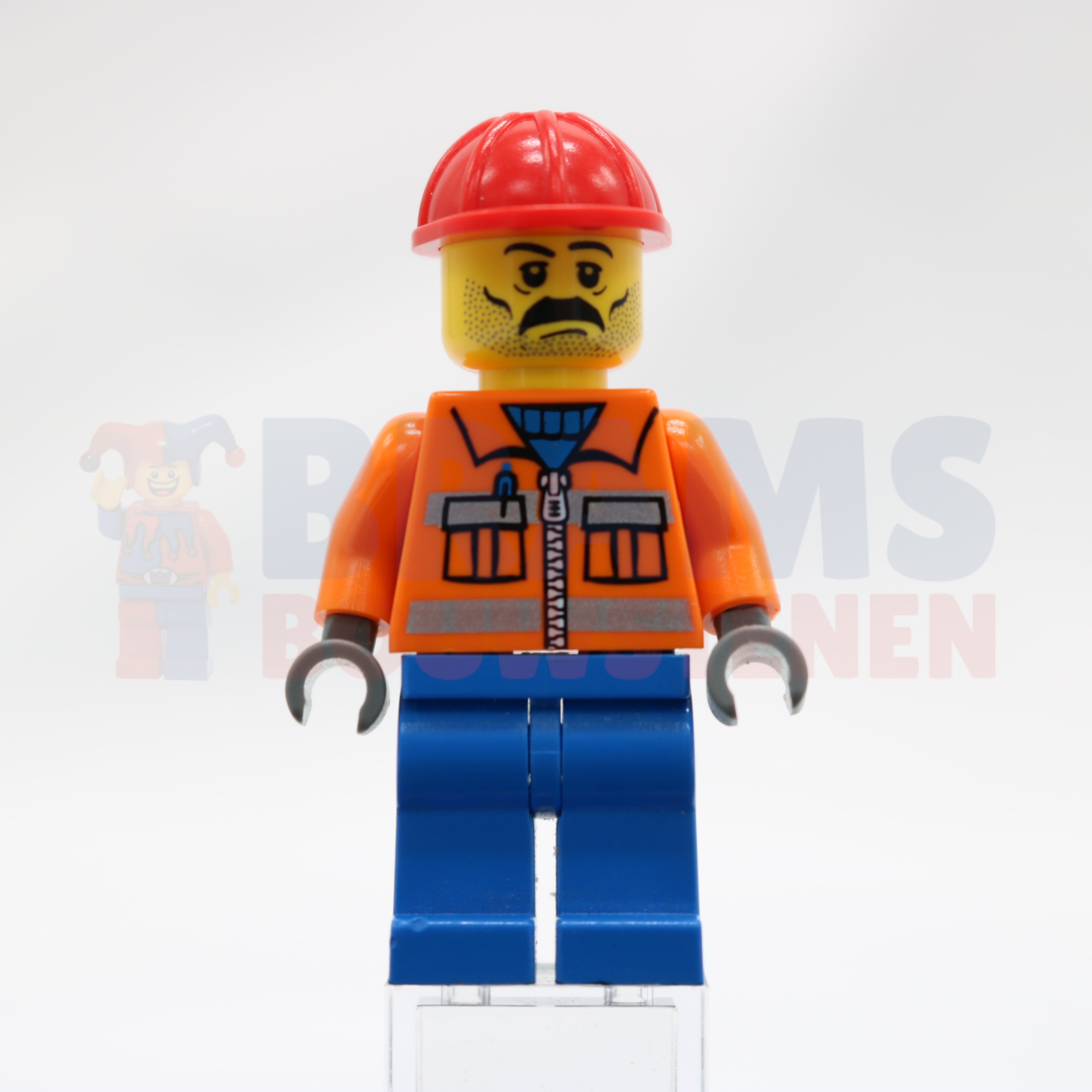 Minifig cty0016 - Construction Worker - Orange Zipper, Safety Stripes, Orange Arms, Blue Legs, Red Construction Helmet, Stubble