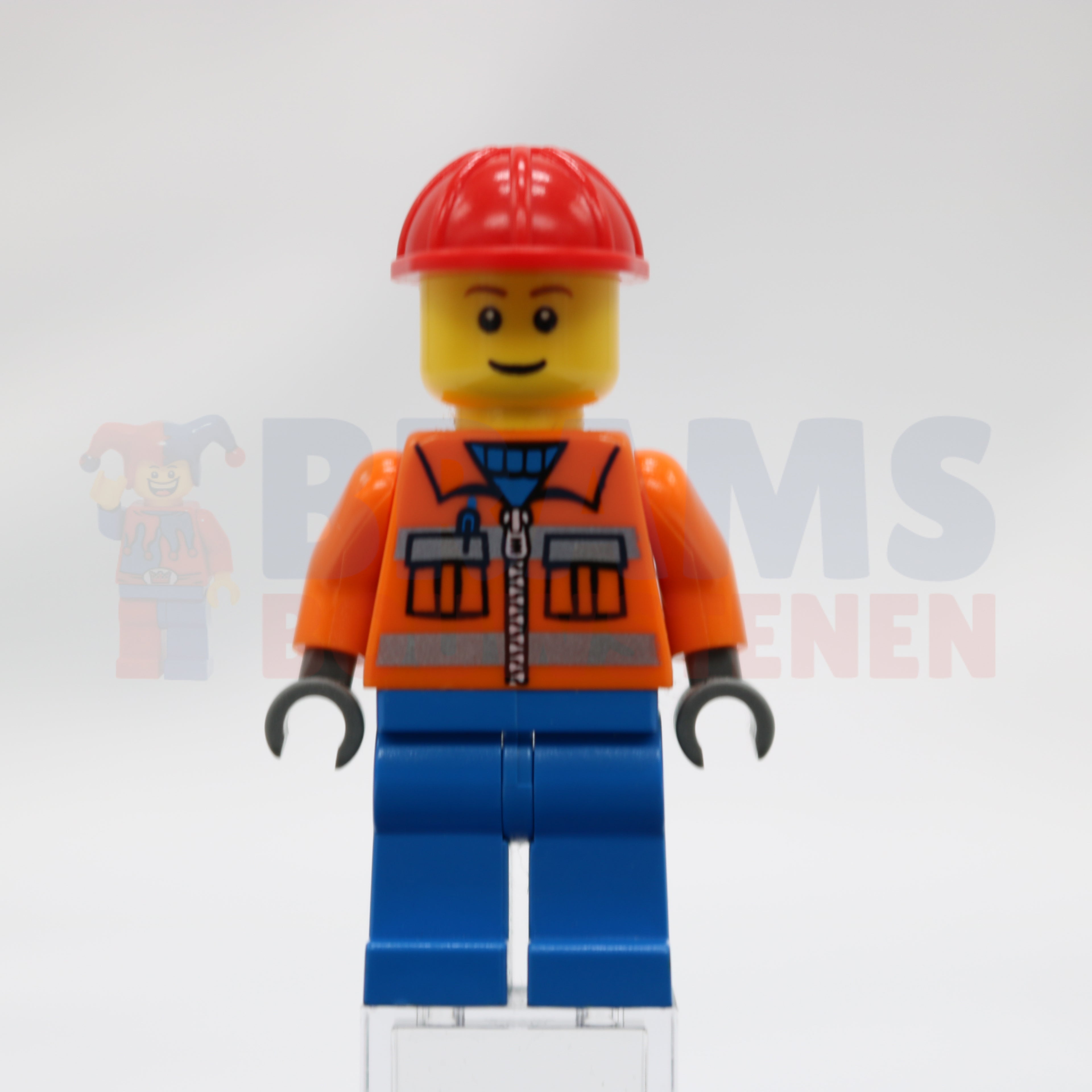 Minifig cty0105 - Construction Worker - Orange Zipper, Safety Stripes, Orange Arms, Blue Legs, Red Construction Helmet