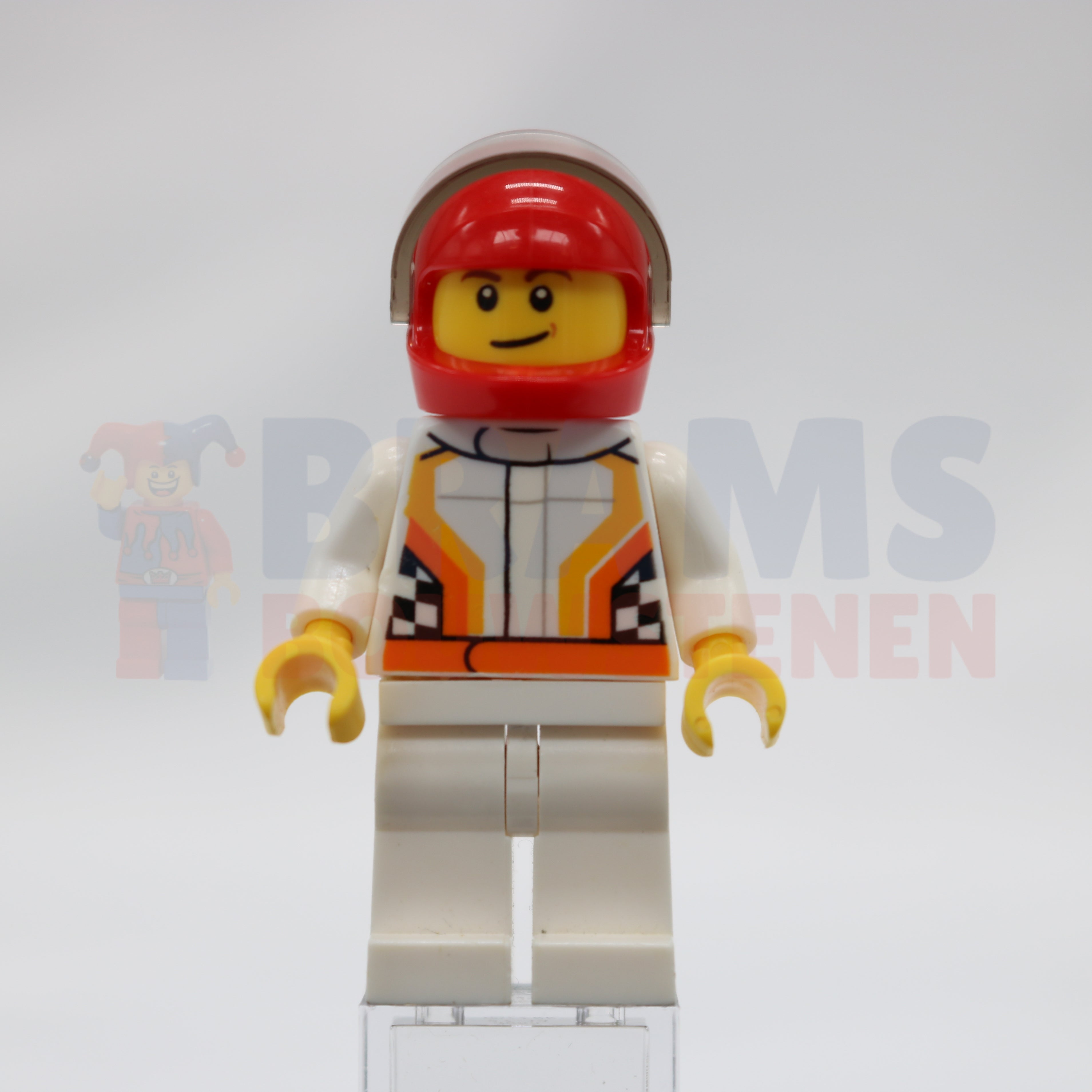 Minifig cty0874 - Race Car Driver, White Racing Suit with Orange Stripes and Checkered Pattern, Red Helmet, Crooked Smile with Brown Dimple