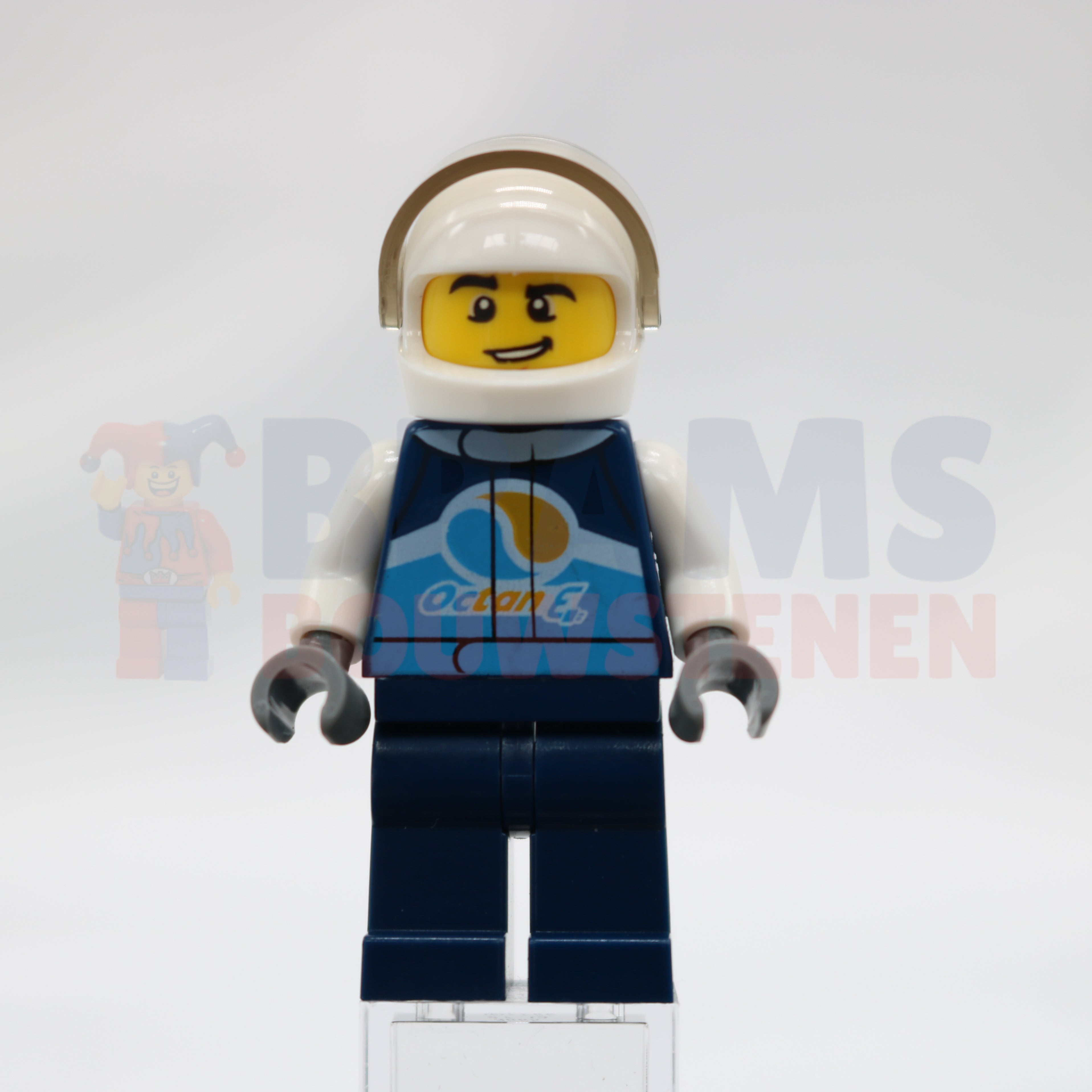 Minifig cty1110 - Race Car Driver, Male, Dark Blue 'Octan E' Racing Jacket and Legs, White Helmet