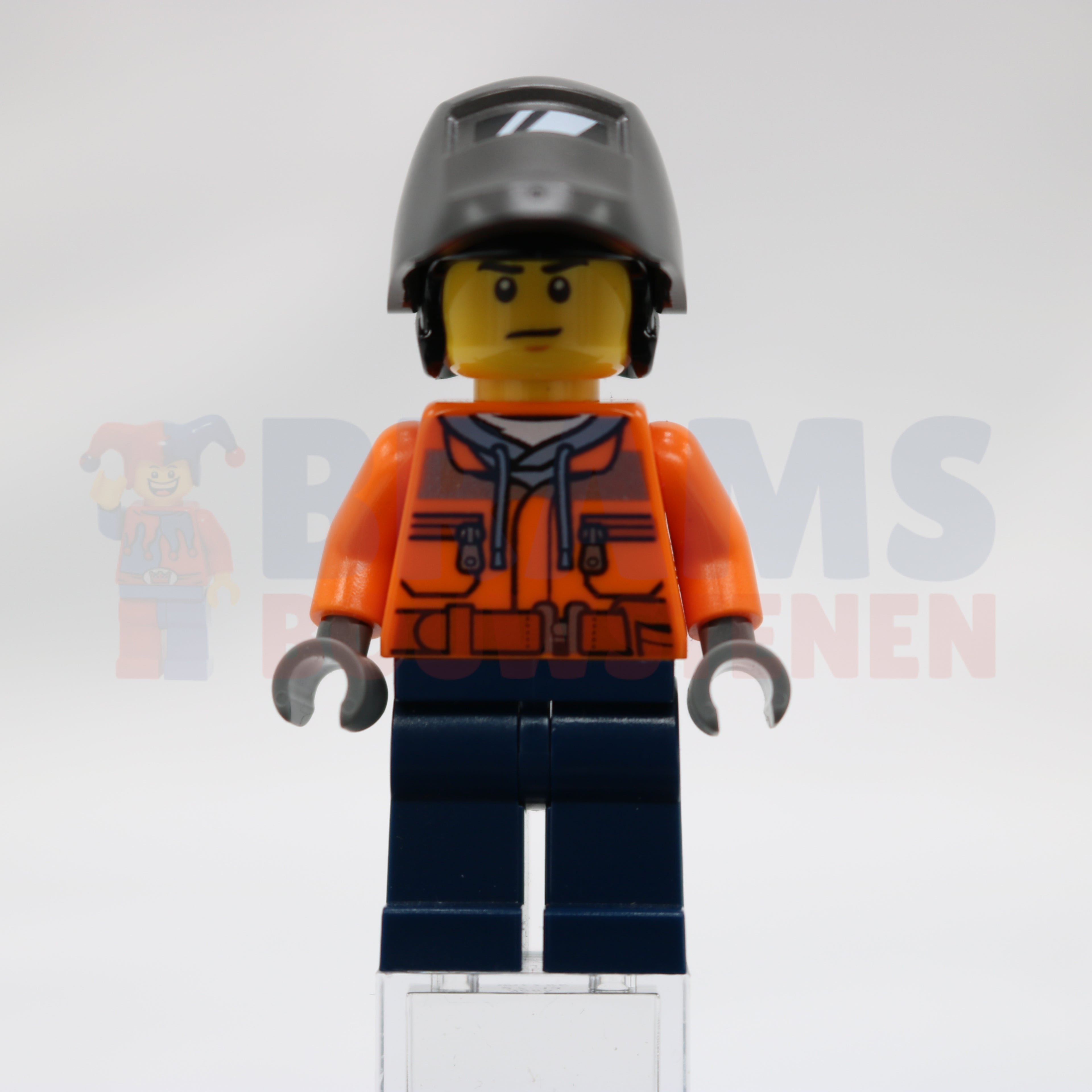 Minifig cty1115 - Welder - Male, Orange Safety Jacket, Reflective Stripe, Sand Blue Hoodie, Dark Blue Legs, Black Helmet, Pearl Dark Gray Welding Visor