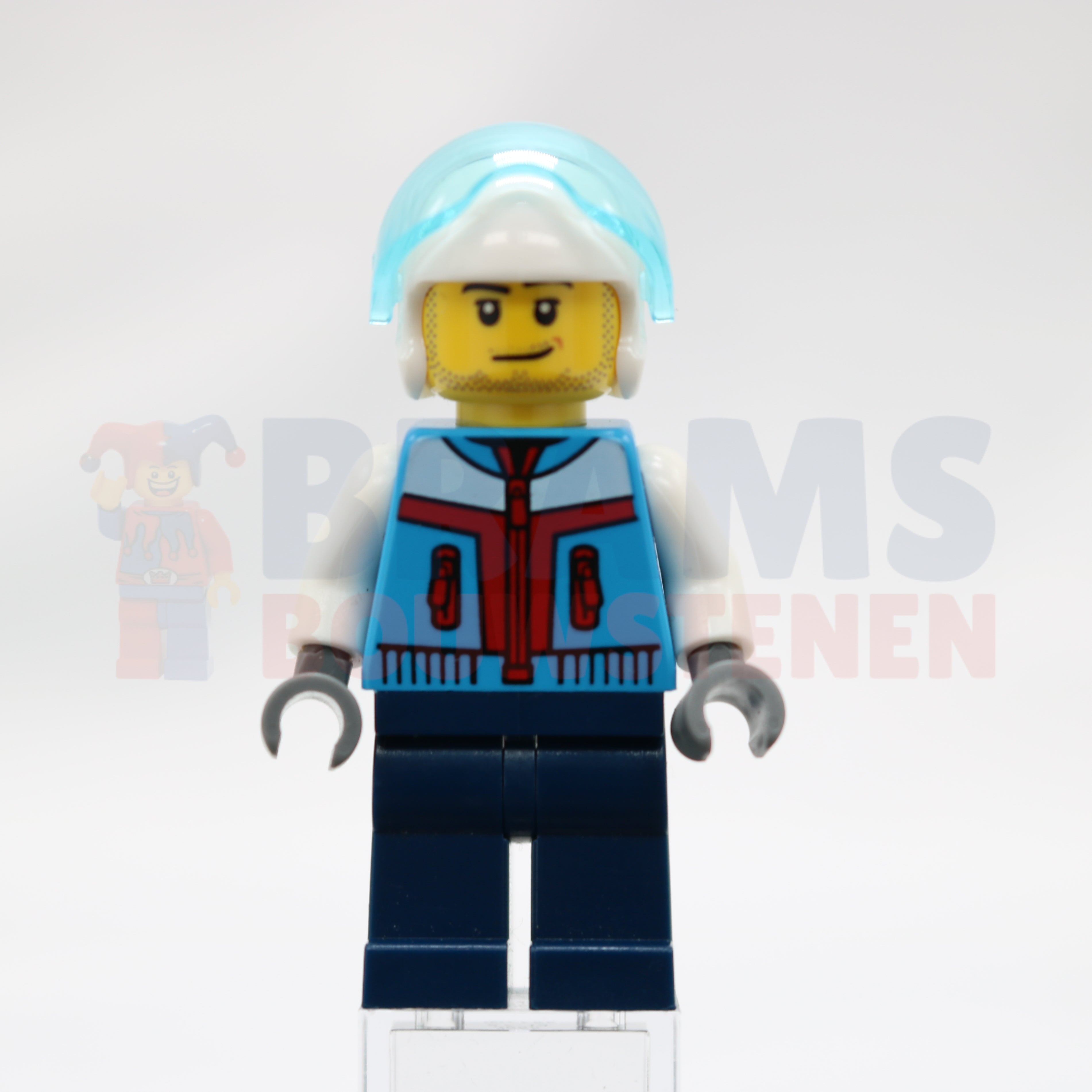 Minifig cty1397 - Stunt Plane Pilot - Male, Dark Azure Jacket, Dark Blue Legs, White Helmet, Trans-Light Blue Visor, Stubble