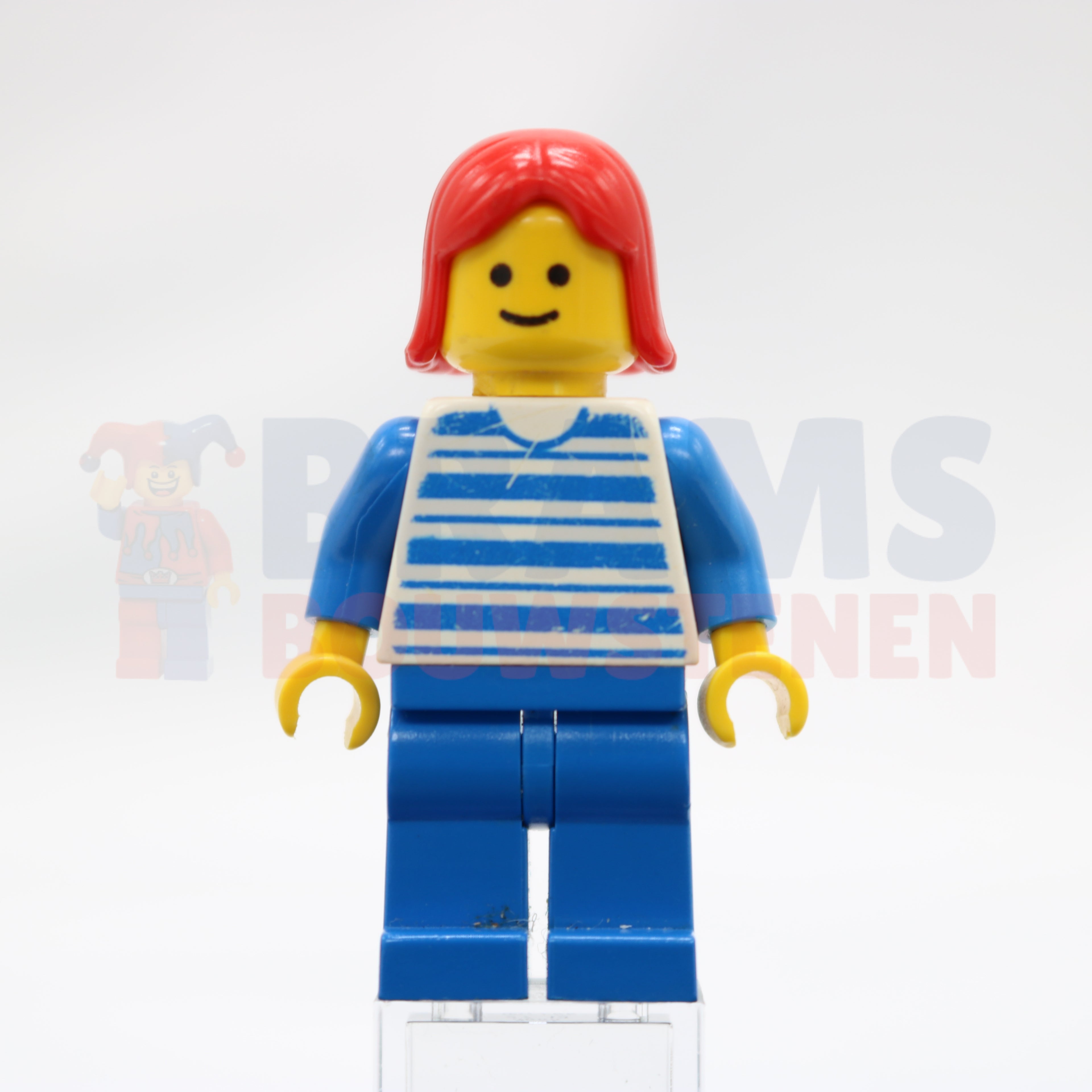 Minifig hor010 - Horizontal Lines Blue - White Arms - Blue Legs, Red Female Hair