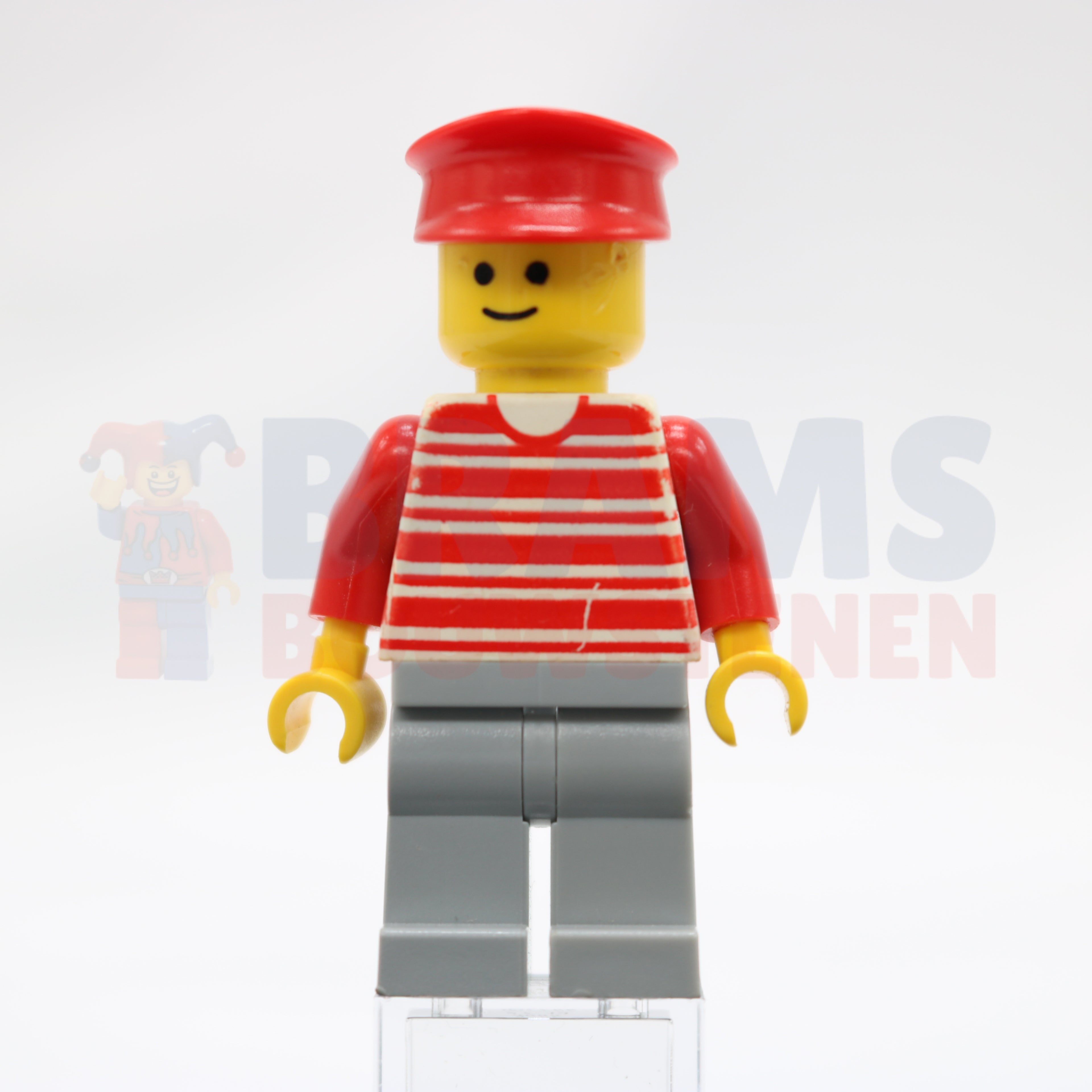 Minifig hor018 - Horizontal Lines Red - Red Arms - Light Gray Legs, Red Hat