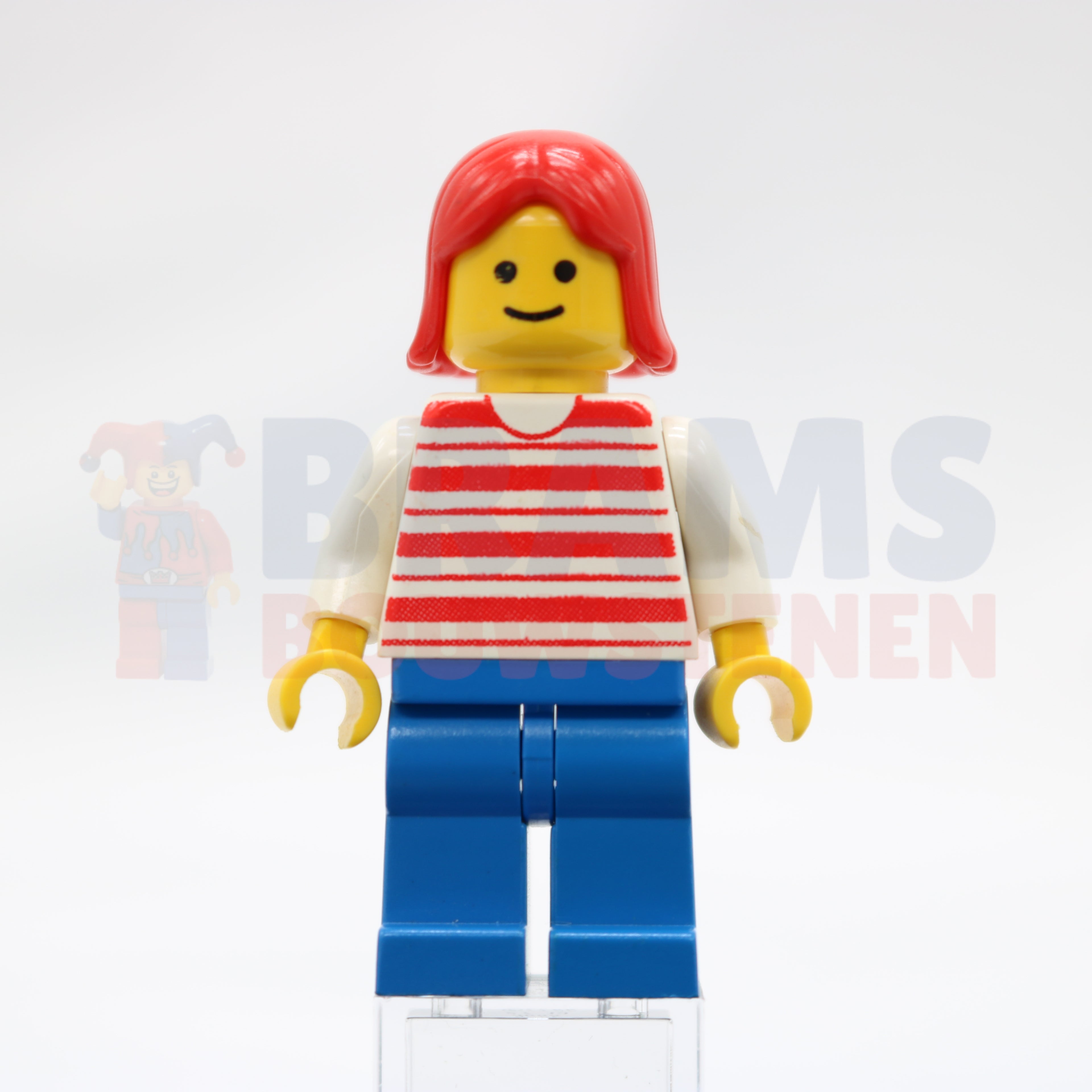 Minifig hor027 - Horizontal Lines Red - White Arms - Blue Legs, Red Female Hair