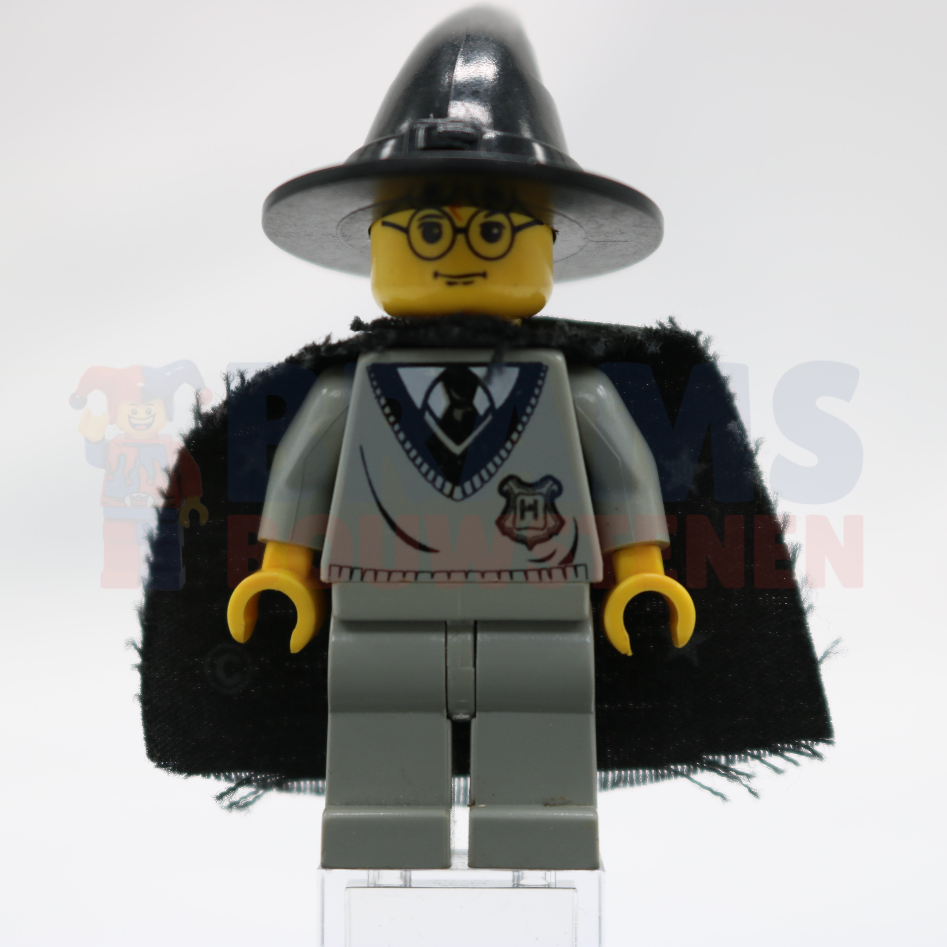 Minifig hp035 - Harry Potter - Hogwarts Torso, Light Gray Legs, Black Wizard / Witch Hat, Black Cape with Stars