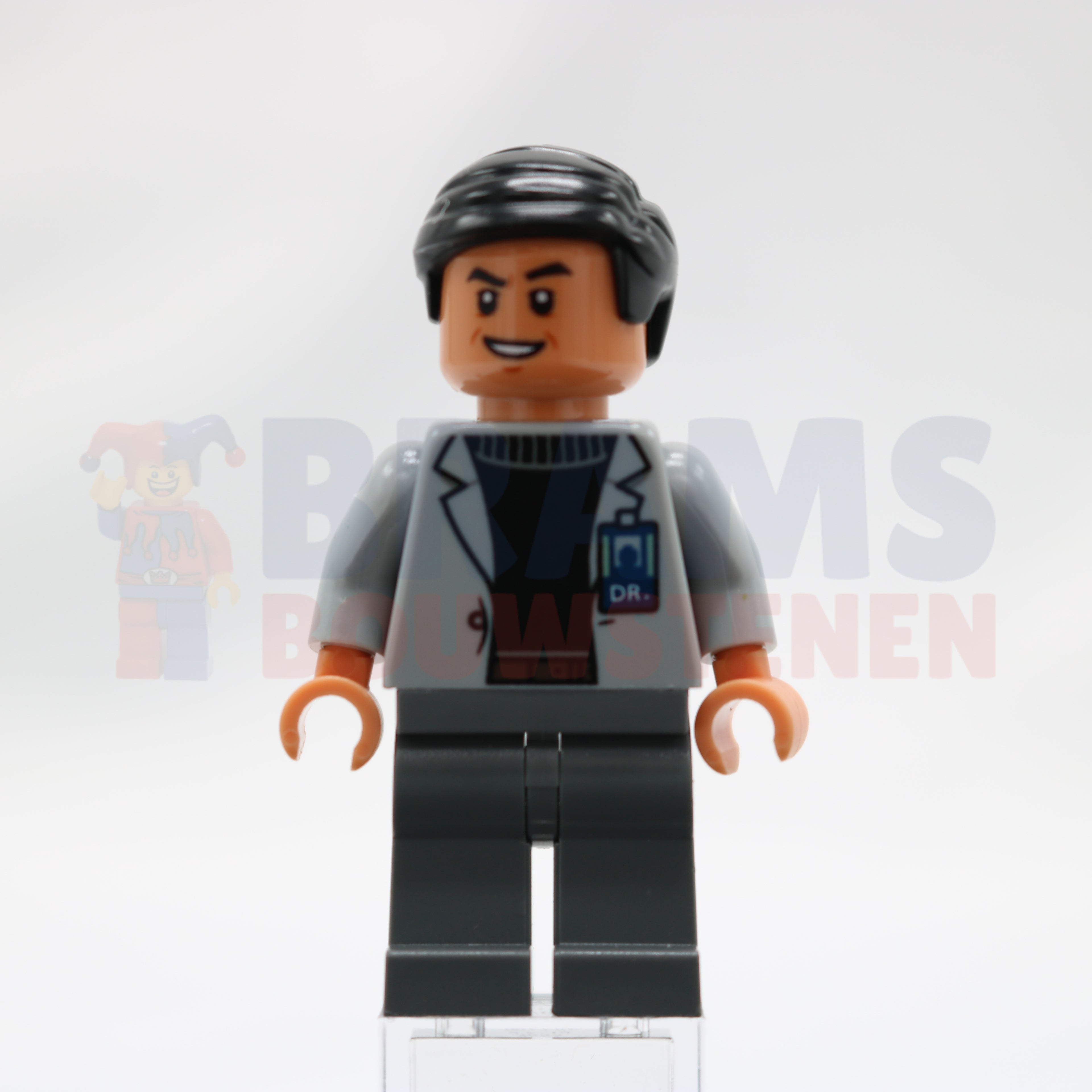 Minifigure jw068 - Dr. Henry Wu - Light Bluish Gray Jacket, Evil Smile / Scared