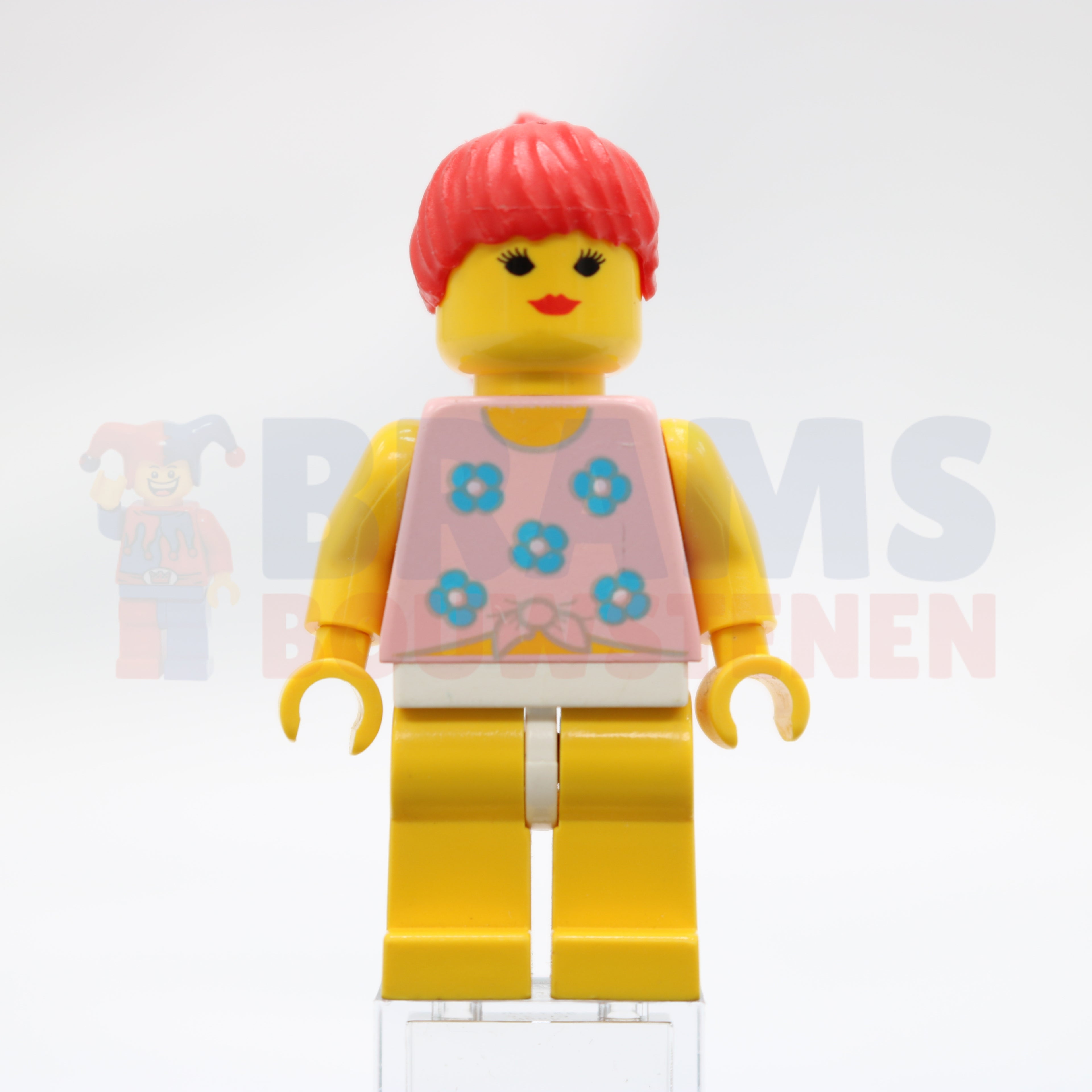 Minifig par006 - Blue Flowers - Yellow Legs, Red Ponytail Hair