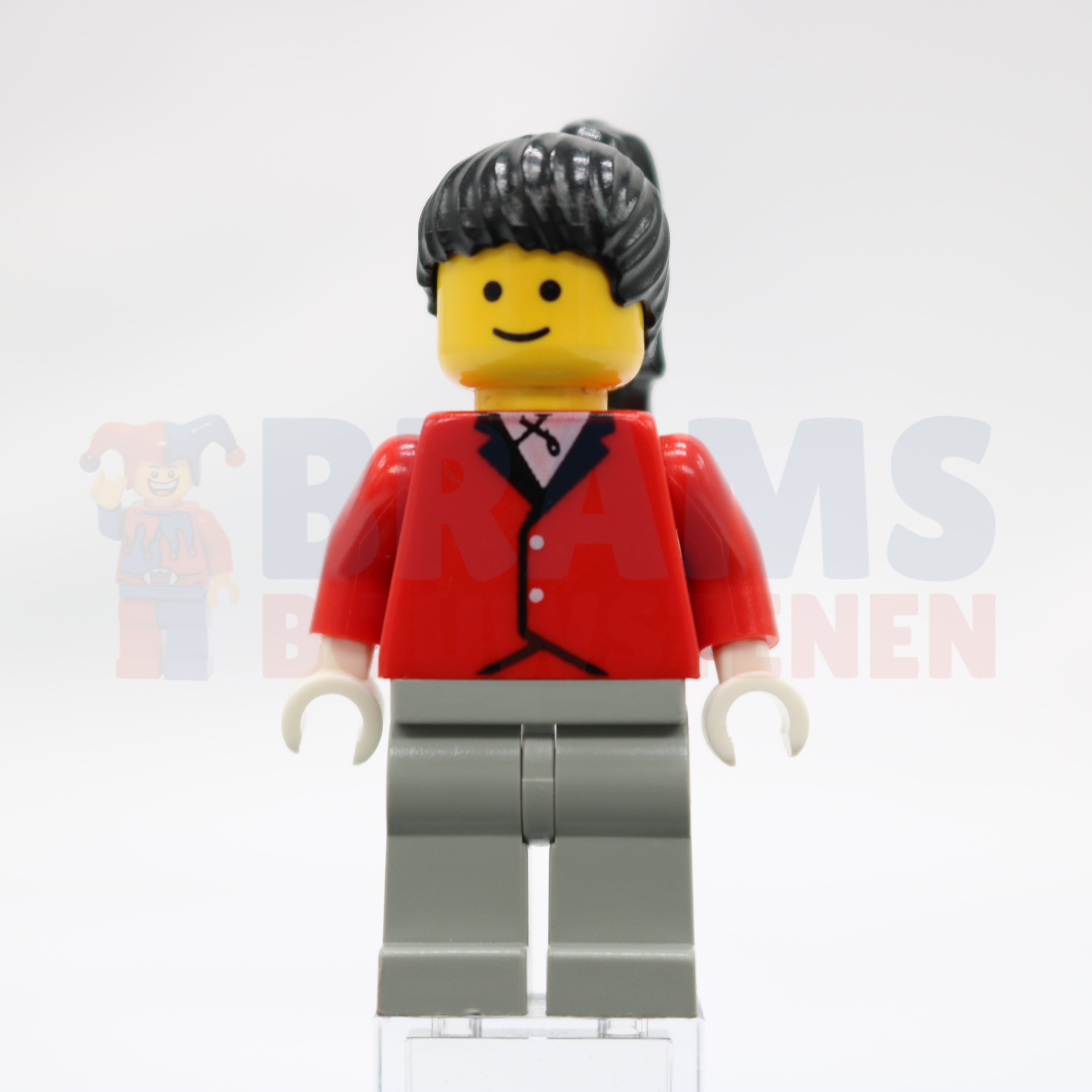 Minifig par052 - Red Riding Jacket - Light Gray Legs, Black Ponytail Hair