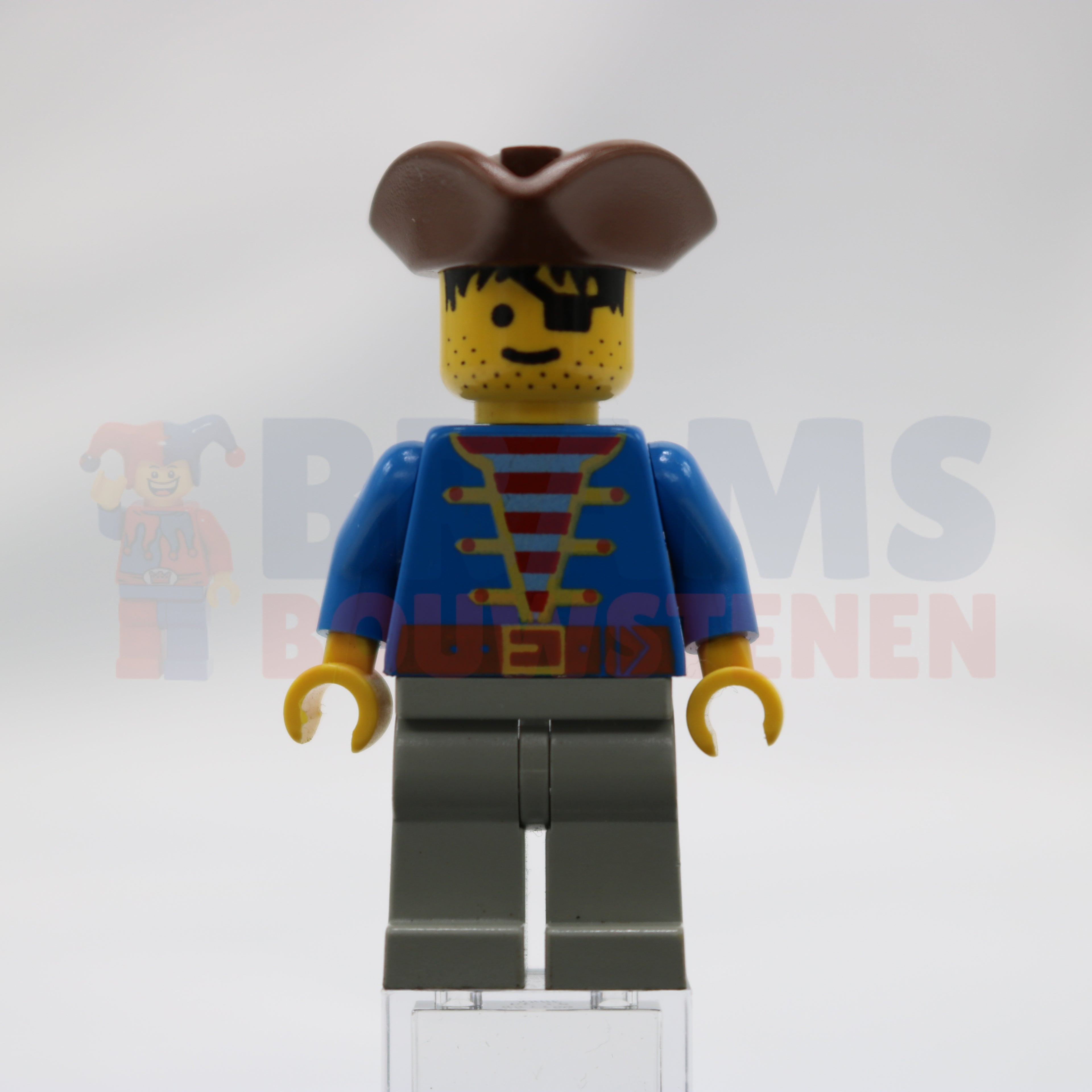 Minifig pi008 - Pirate Blue Jacket, Light Gray Legs, Brown Pirate Triangle Hat