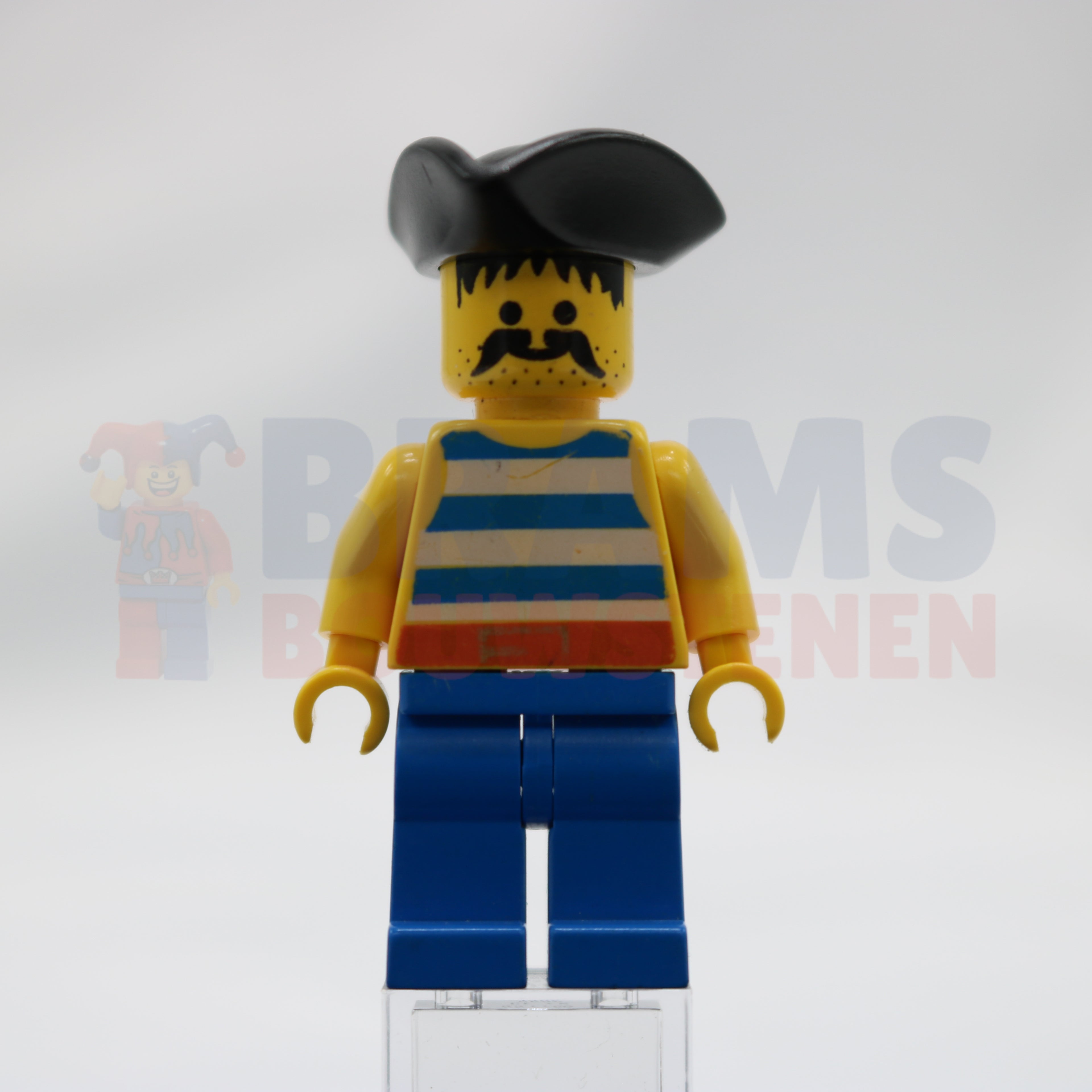 Minifig pi018 - Pirate Blue / White Stripes Shirt, Blue Legs, Black Pirate Triangle Hat