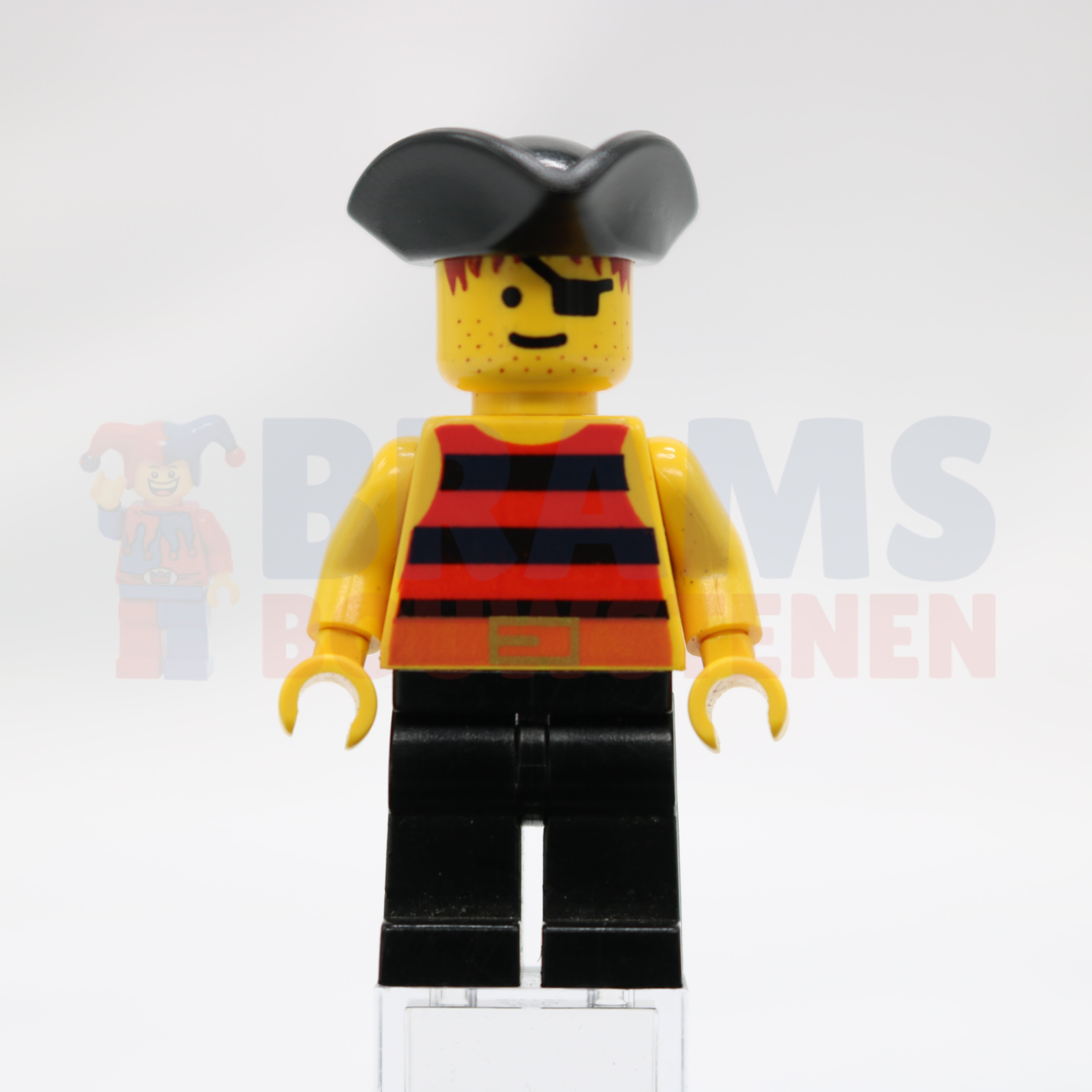 Minifig pi025 - Pirate Red / Black Stripes Shirt, Black Legs, Black Pirate Triangle Hat