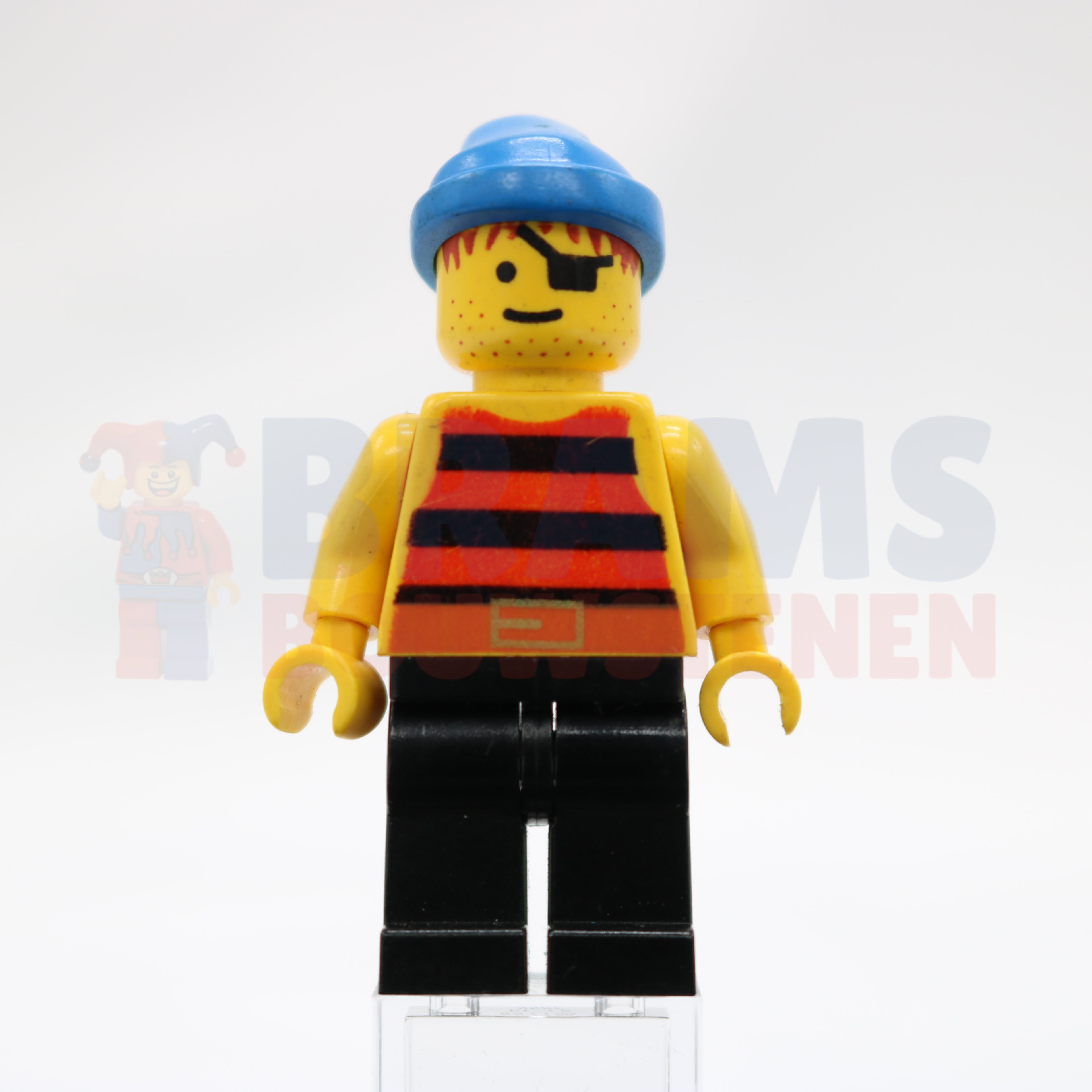 Minifig pi027 - Pirate Red / Black Stripes Shirt, Black Legs, Blue Bandana