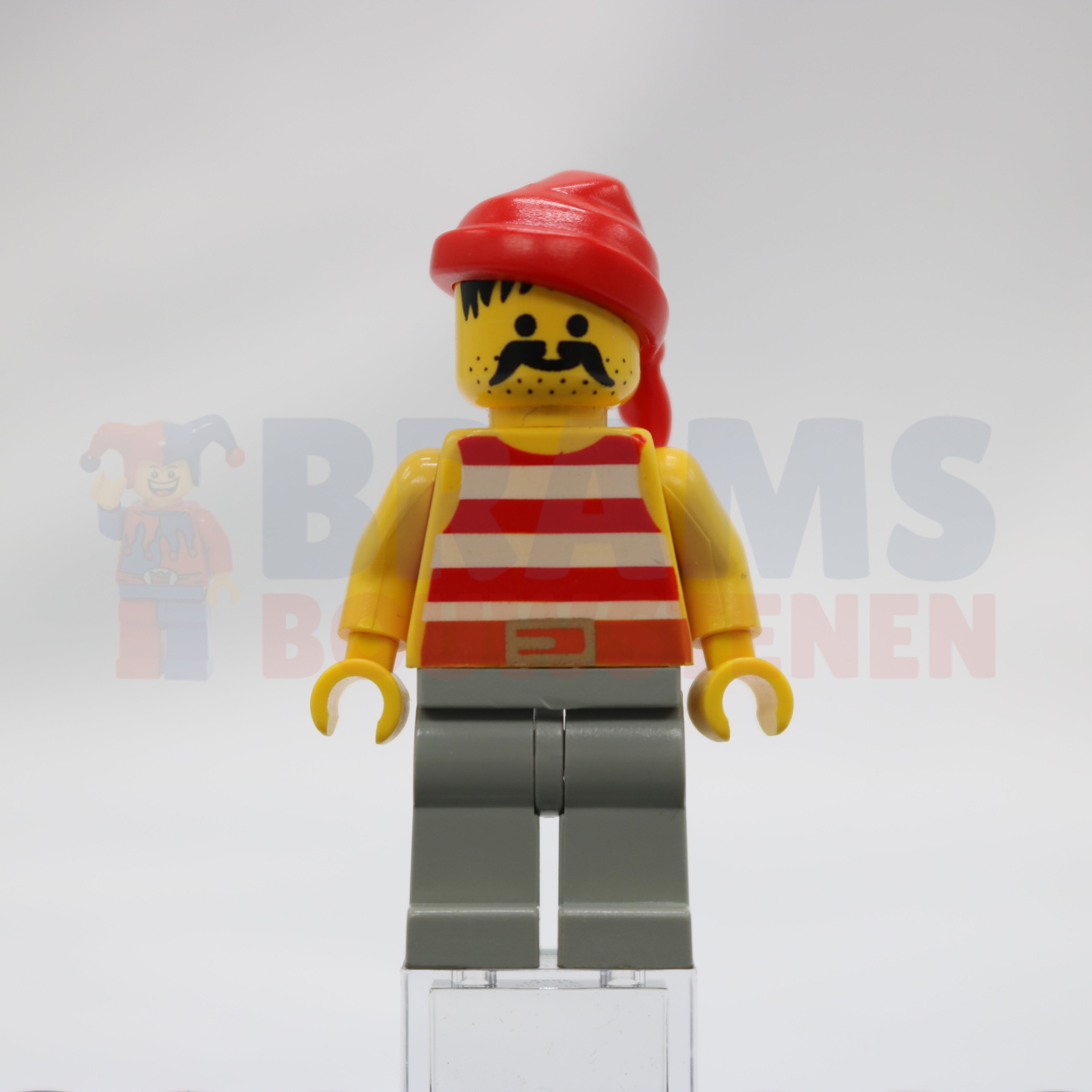 Minifig pi044 - Pirate Red / White Stripes Shirt, Light Gray Legs, Red Bandana