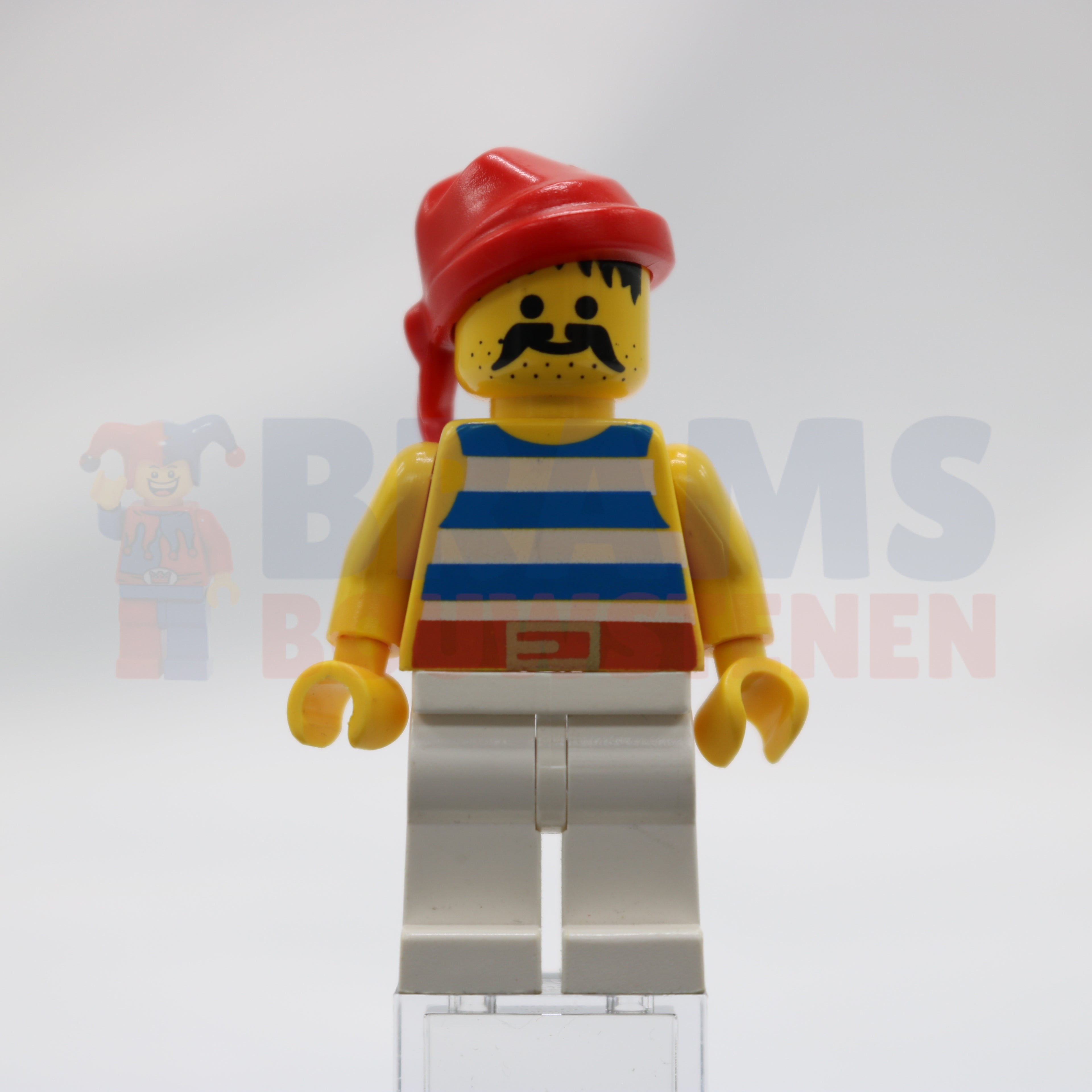 Minifig pi073 - Pirate Blue / White Stripes Shirt, White Legs, Red Bandana