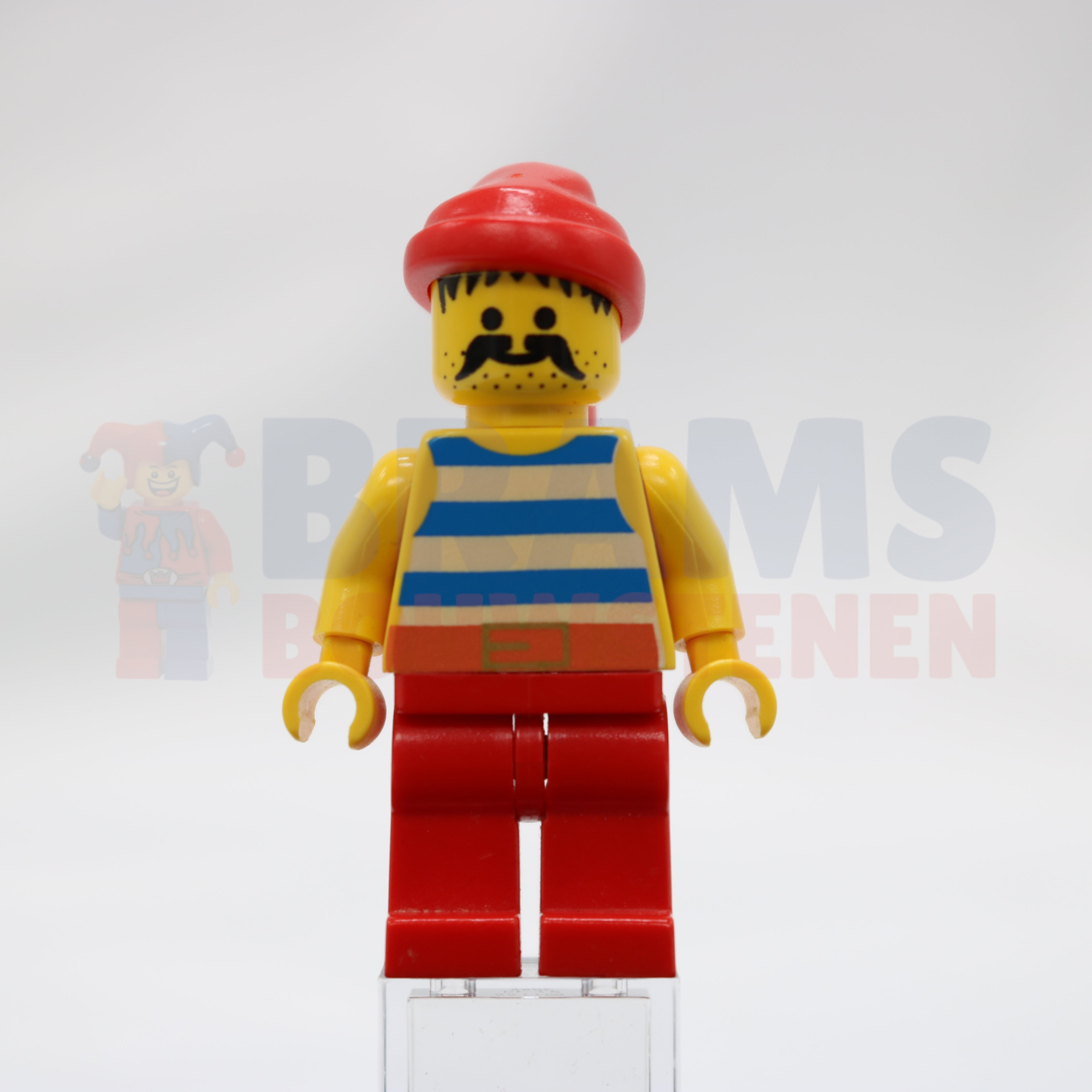 Minifig pi076 - Pirate Blue / White Stripes Shirt, Red Legs, Red Bandana
