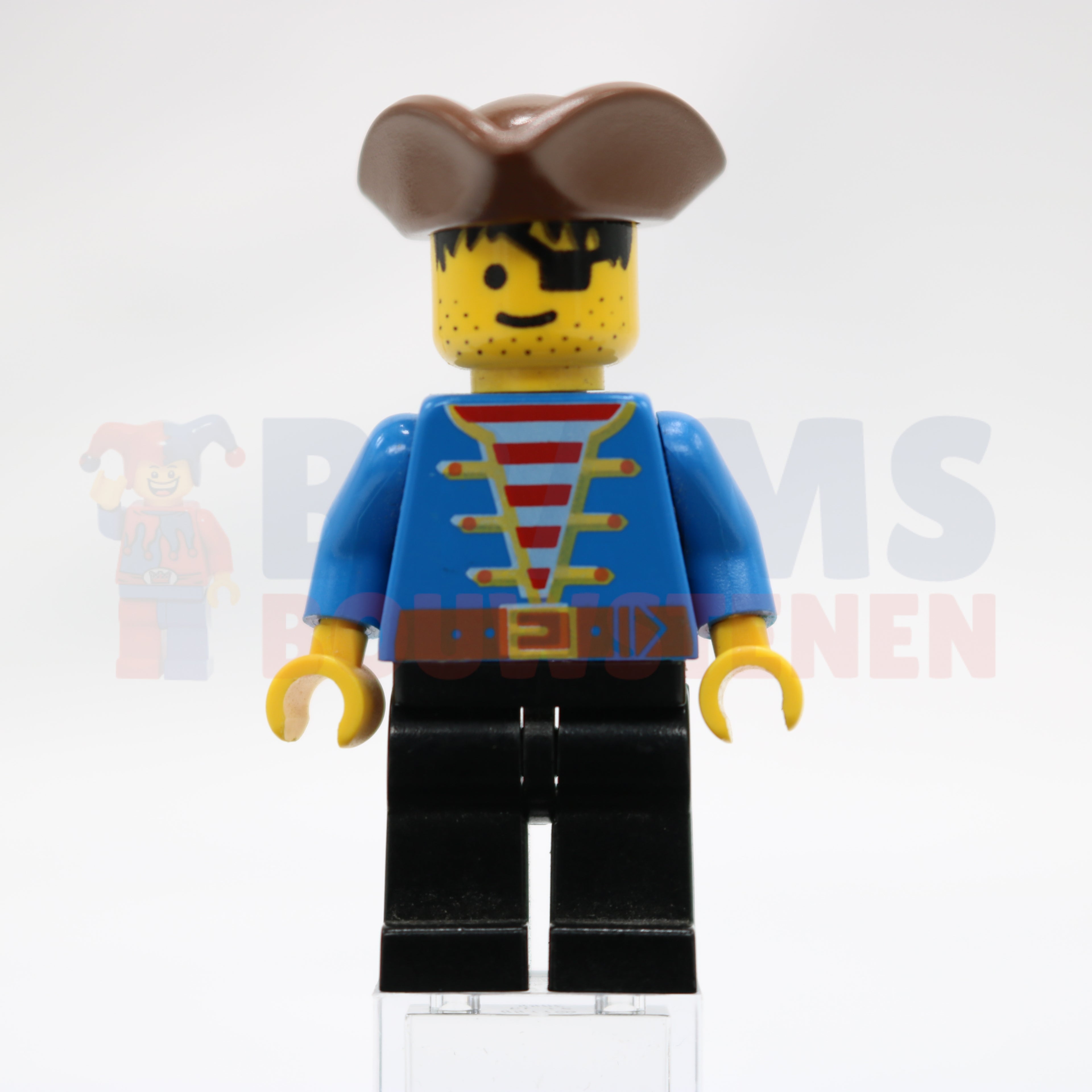 Minifig pi080 - Pirate Blue Jacket, Black Legs, Brown Pirate Triangle Hat, Black Hair