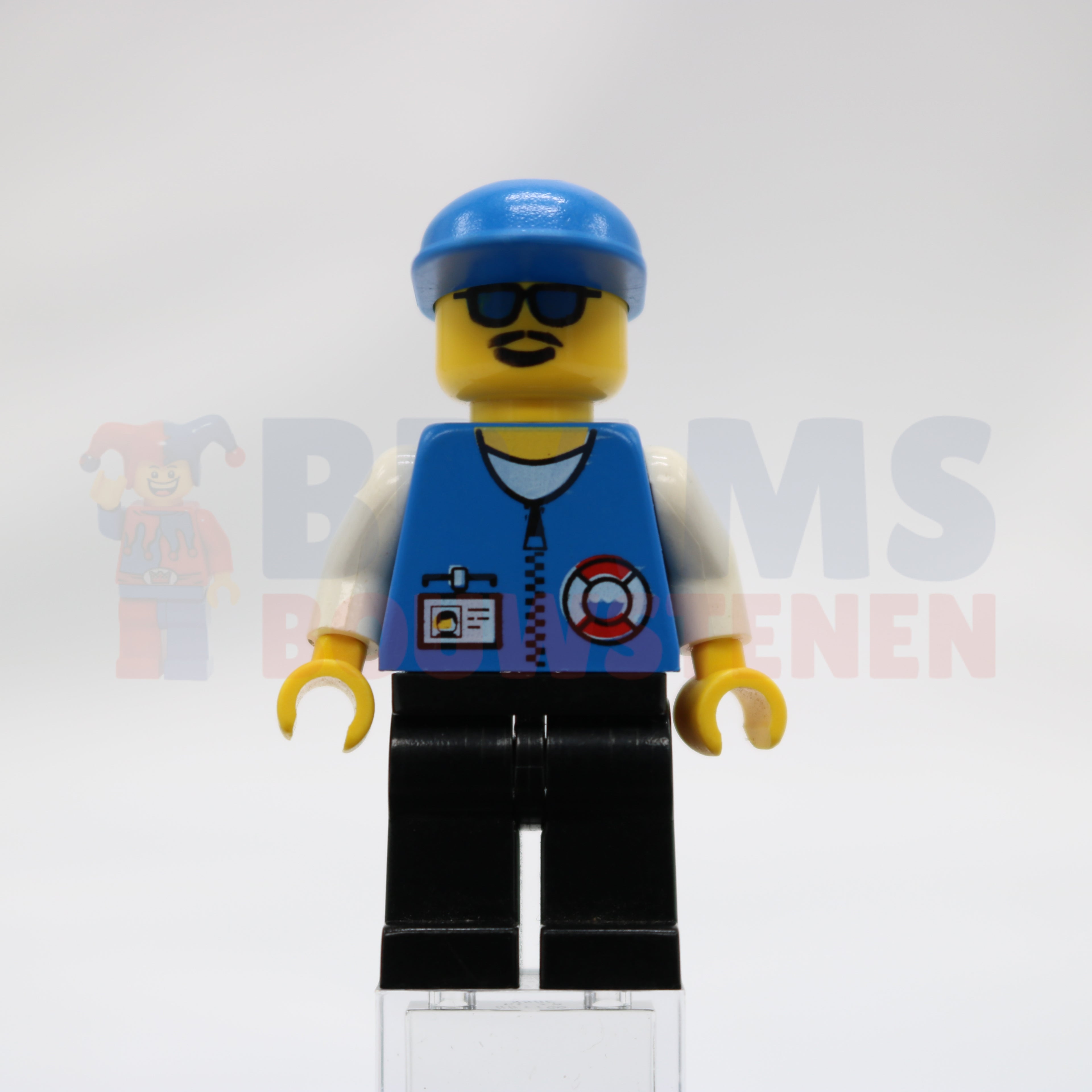 Minifig res008 - Coast Guard City Center - White Collar & Arms, Black Legs, Blue Cap, Sunglasses