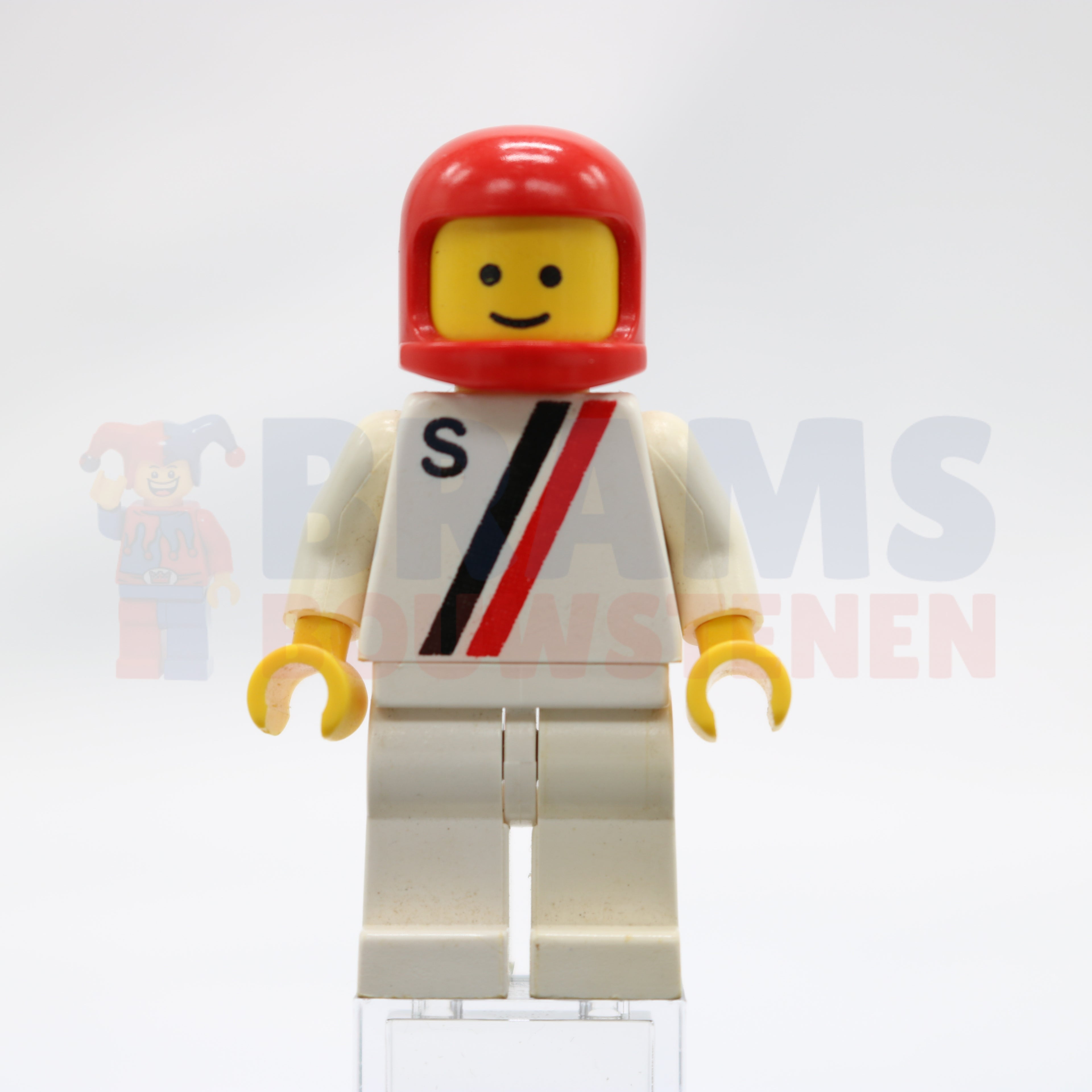 Minifig s007 - 'S' - White with Red / Black Stripe, White Legs, Red Classic Helmet