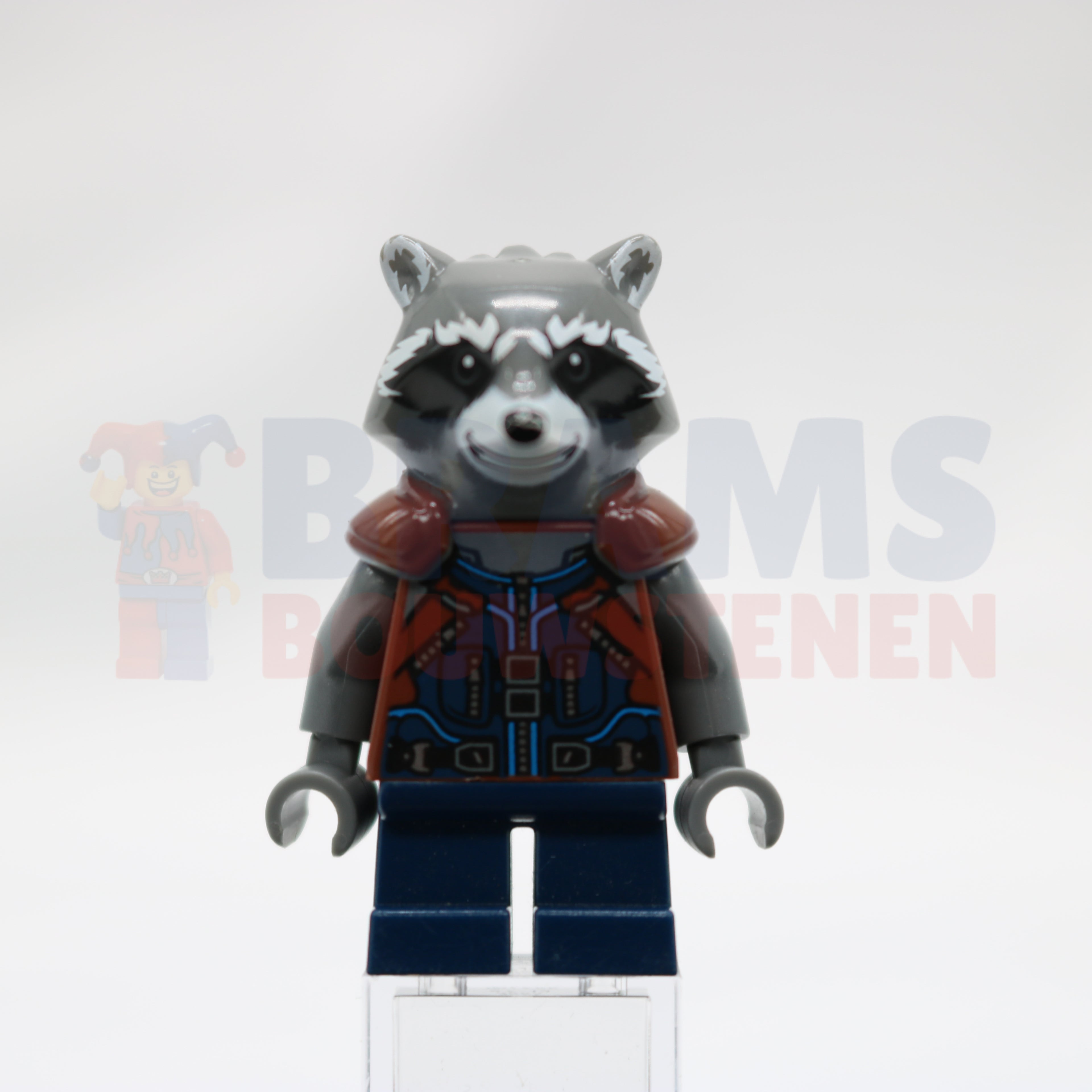 Minifig sh0384 - Rocket Raccoon - Dark Blue and Reddish Brown Outfit, Dark Bluish Gray Head