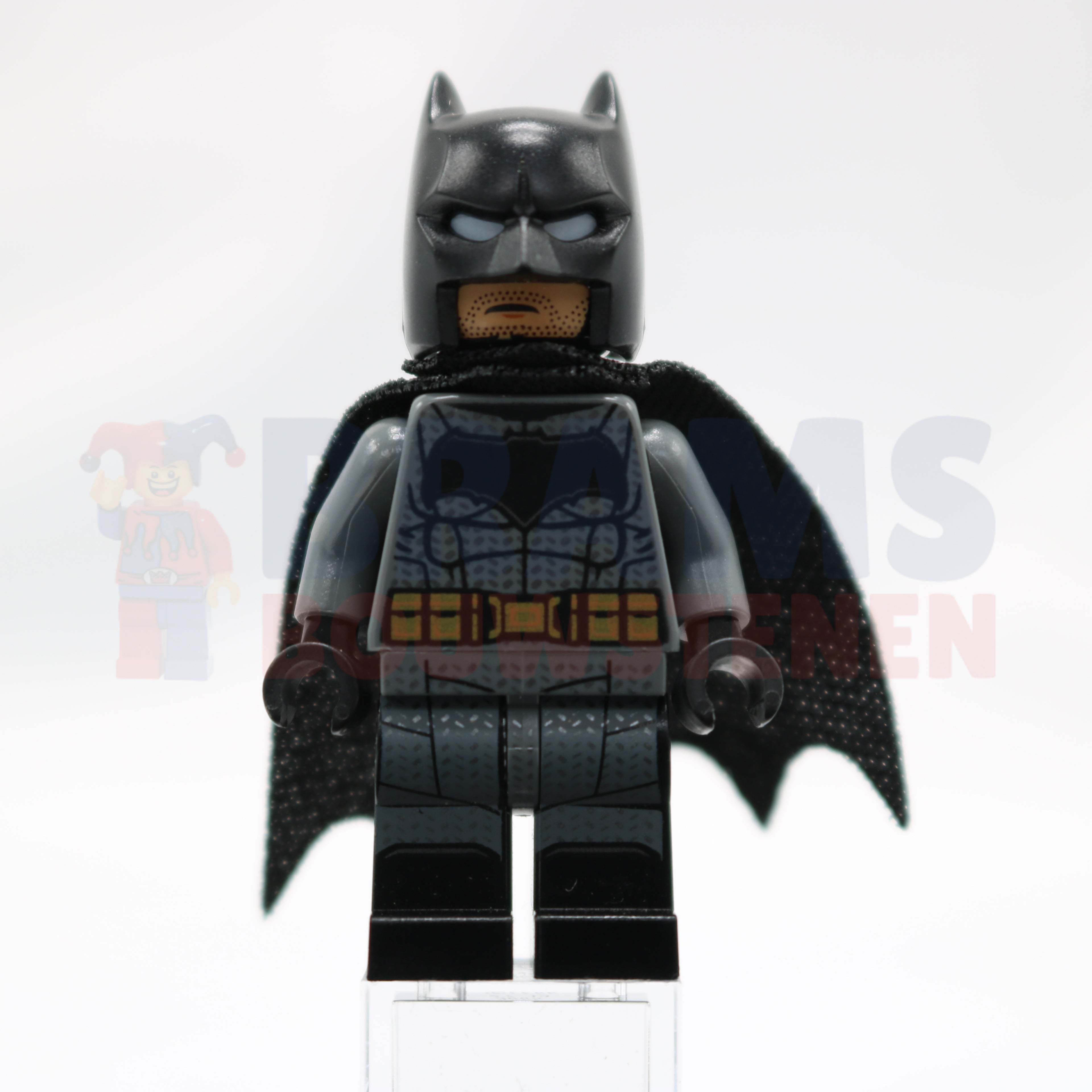 Minifig sh0437 - Batman - Dark Bluish Gray Suit, Gold Belt, Black Hands, Large Bat Logo, Printed Legs, Stubble