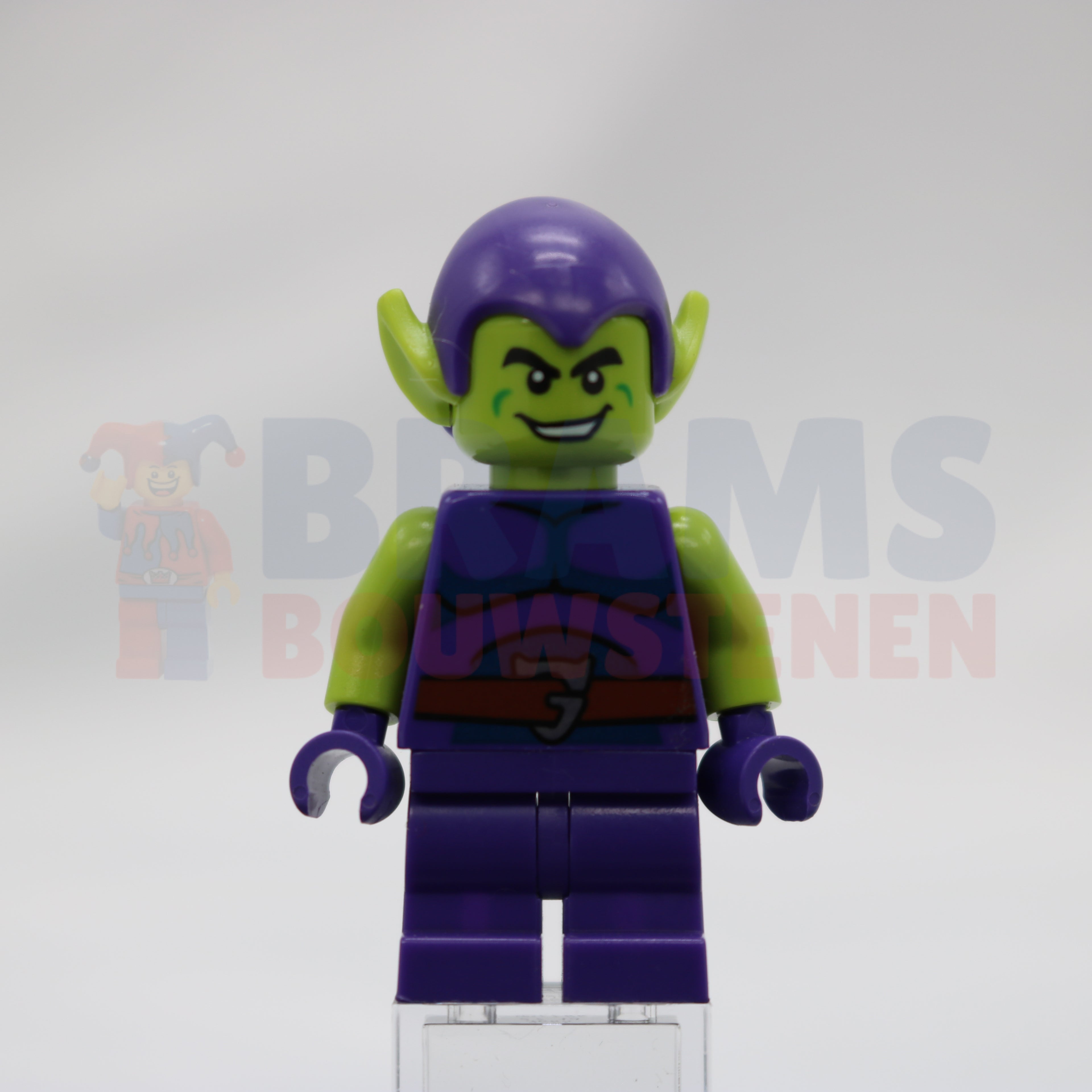 Minifig sh0803 - Green Goblin - Lime Skin, Dark Purple Outfit, Medium Legs, Dark Blue Stomach