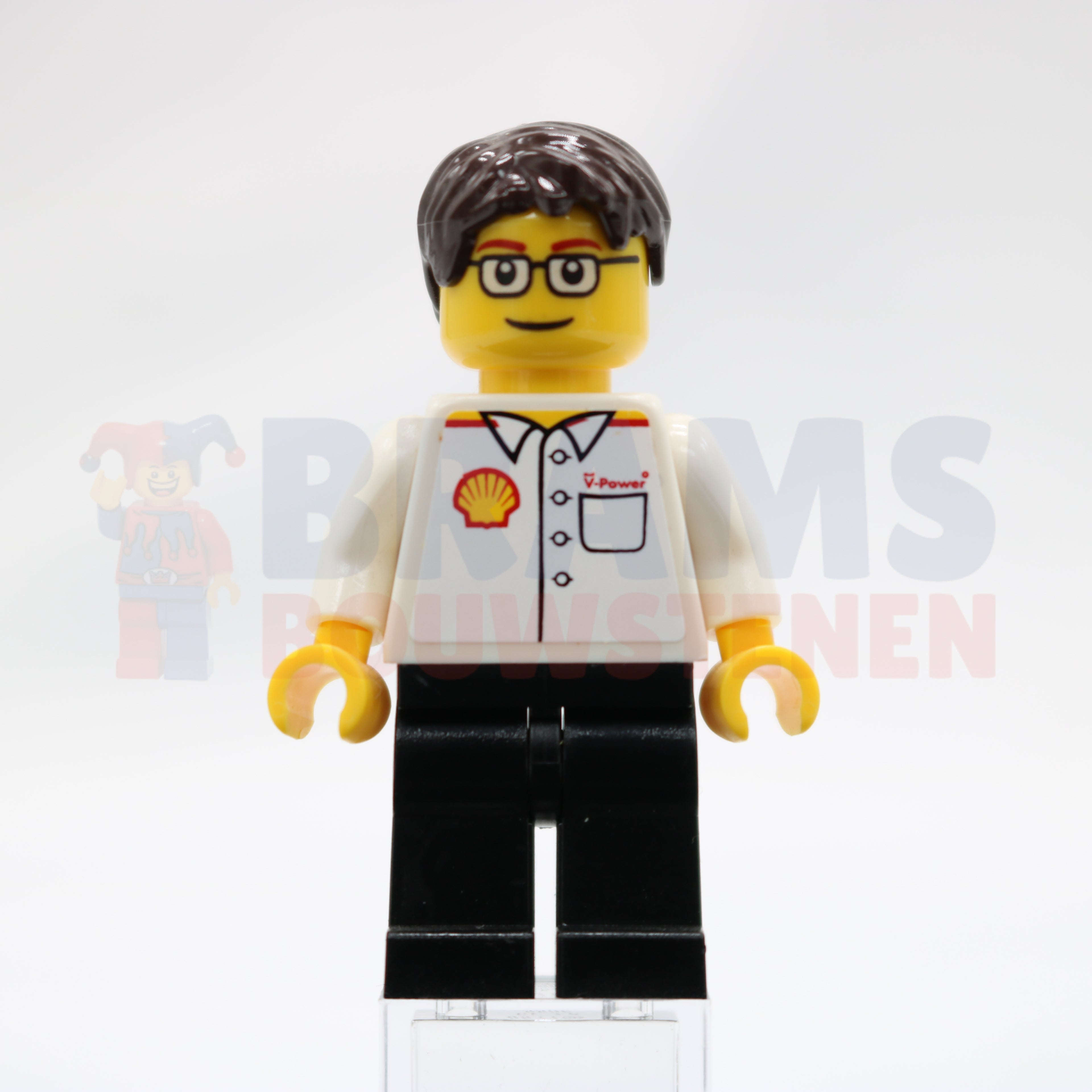 Minifig shell015 - Shell - White Torso (Sticker), Black Legs, Dark Brown Short Tousled Hair, Glasses