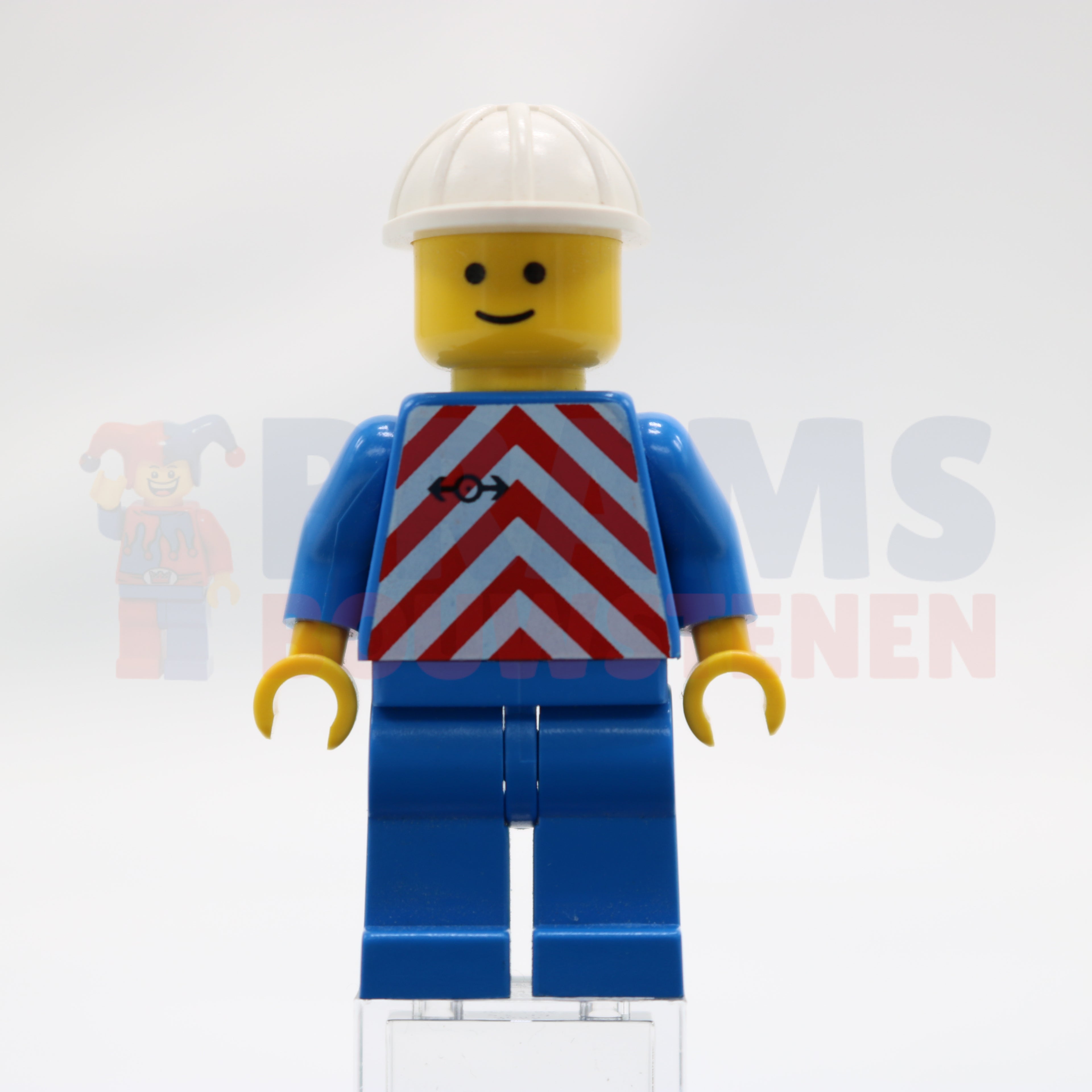 Minifig trn051 - Red &amp; White Stripes - Blue Legs, White Construction Helmet