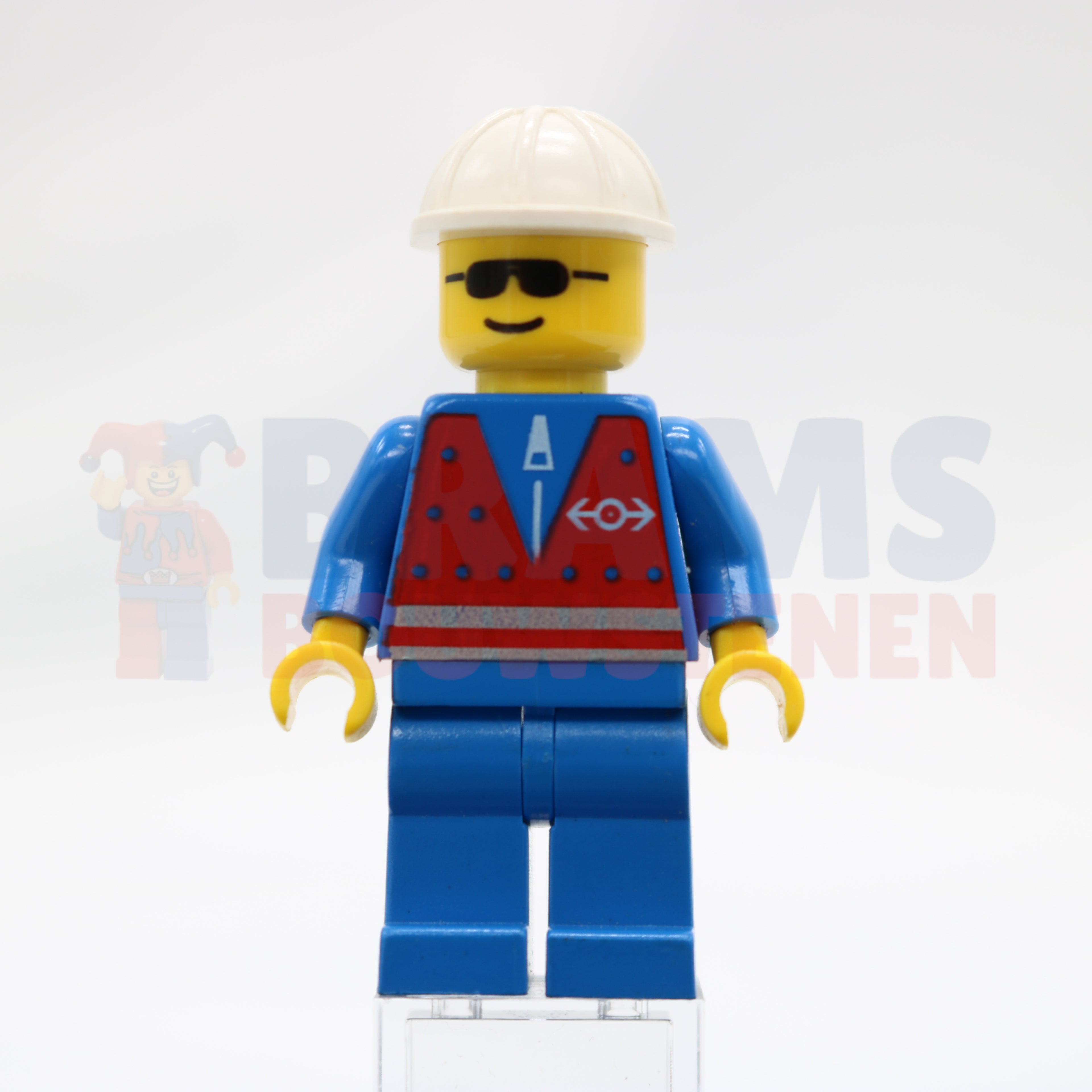 Minifig trn057 - Red Vest and Zipper - Blue Legs, White Construction Helmet, Sunglasses