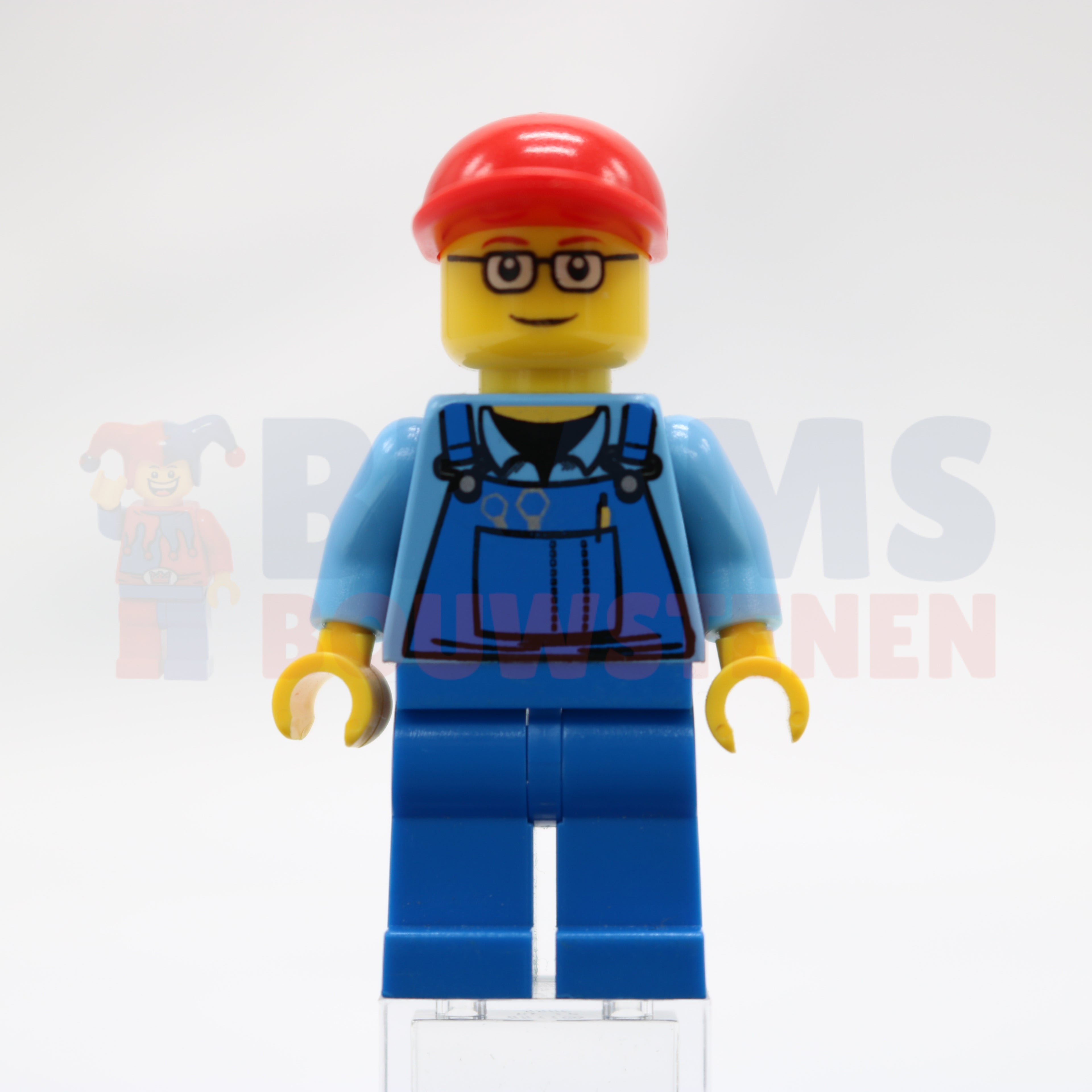 Minifig trn227a - Overalls with Tools in Pocket, Blue Legs, Red Short Bill Cap, Glasses with Red Thin Eyebrows