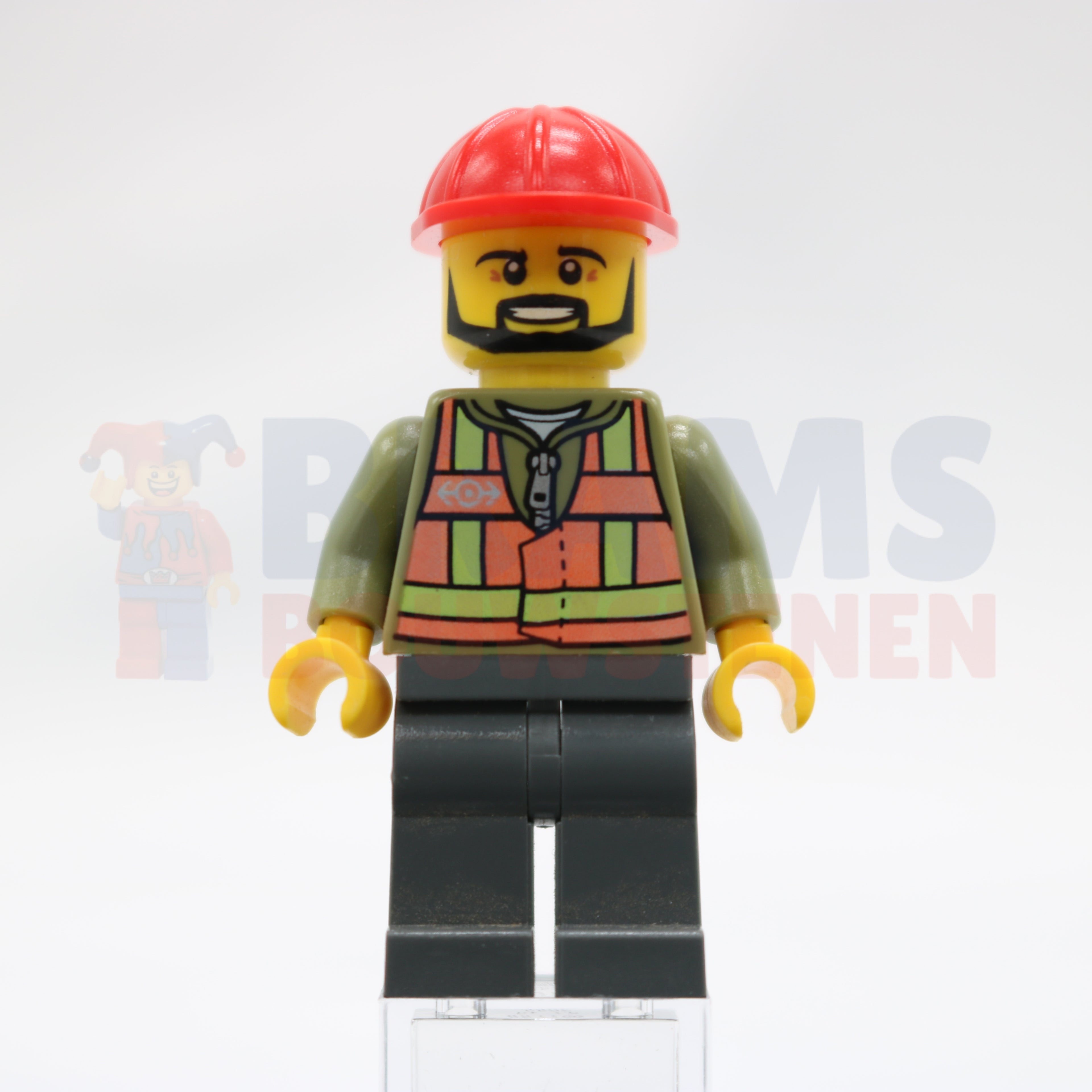 Minifig trn235a - Light Orange Safety Vest, Dark Bluish Gray Legs, Red Construction Helmet, Black Beard