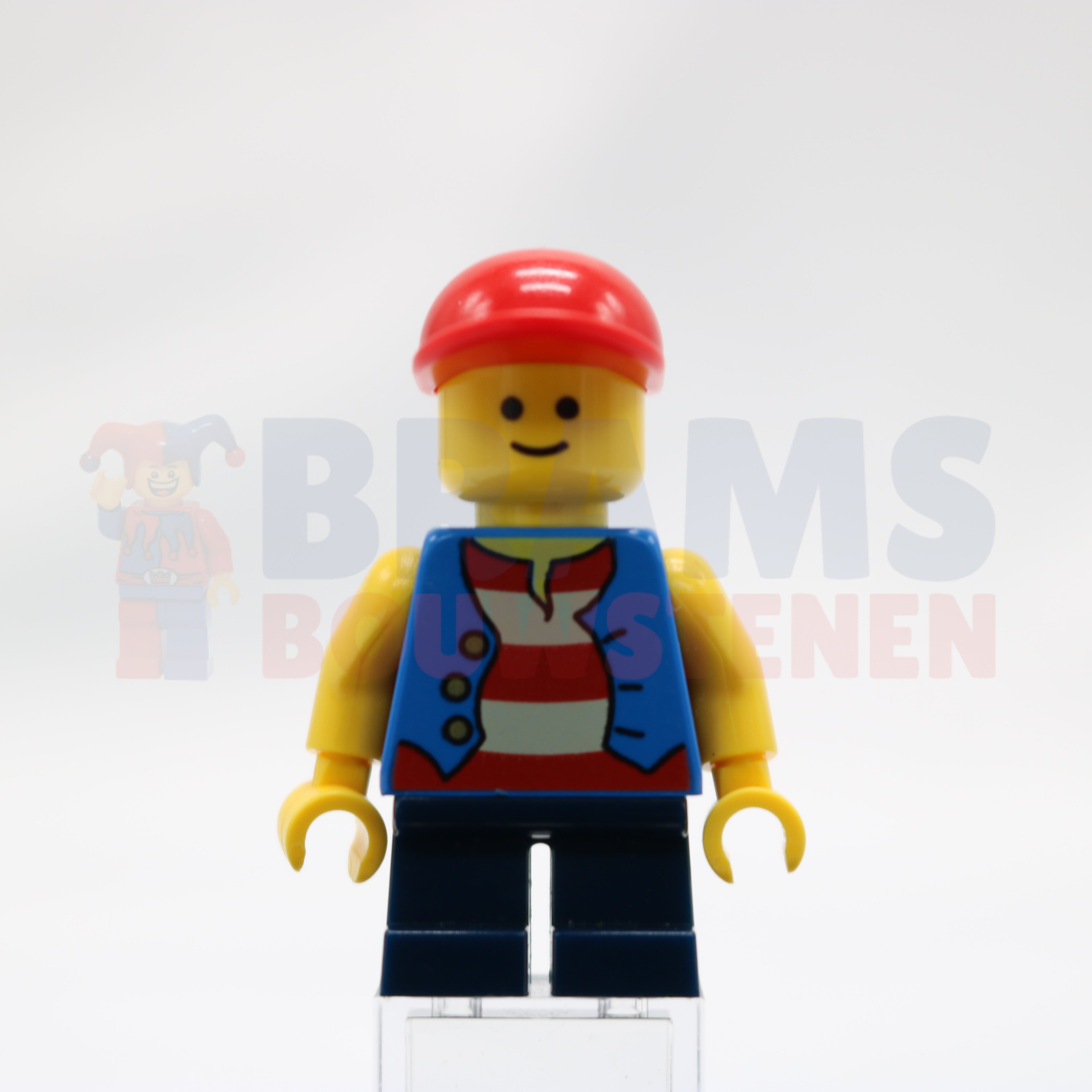 Minifig twn105 - Vest over Red and White Striped Shirt, Dark Blue Short Legs, Red Short Bill Cap